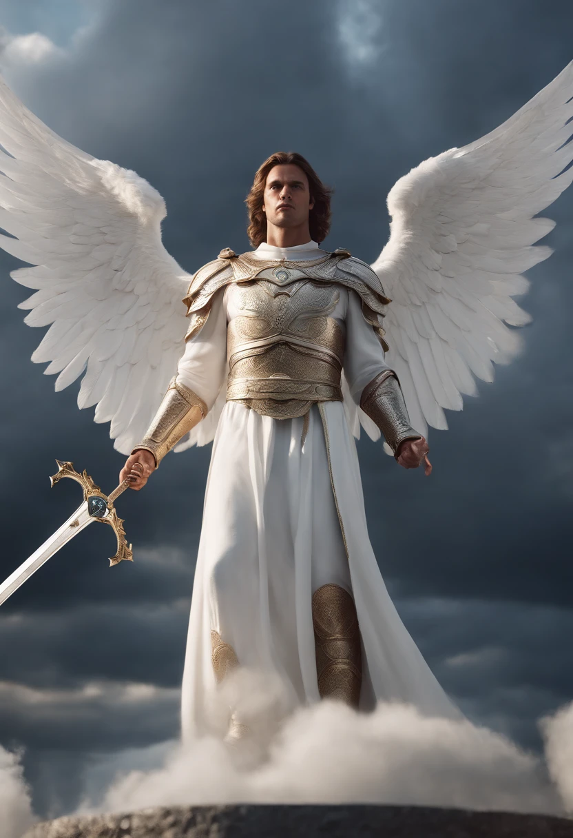 Archangel Michael, bright white robe, with two giant wings and a sword in his hand, set design a sky many cloudsultra detailed artistic photography, glare, shadows, ultra high definition, 8k, unreal engine 5, ultra sharp focus, cinematic character rendering production highly detailed, high quality model