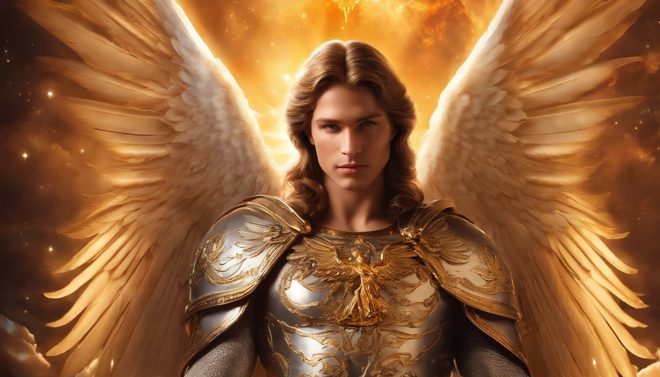 Male character, Archangel Michael, Celestial image, intricate detials, realisti, ROSAS and large wings, Angelic background, Catholic illustrative depiction of the Archangel Michael, Male character of the Bible, Michael is dressed in angelic armor, space background, Illumination in Arkhangelsk and in the background, Image of the whole body of an angel, Maximum detail and his angelic face and wings, Realistic perfect skin, maximum image quality, Miguel he is highlighted in the image with bright and vibrant colors.