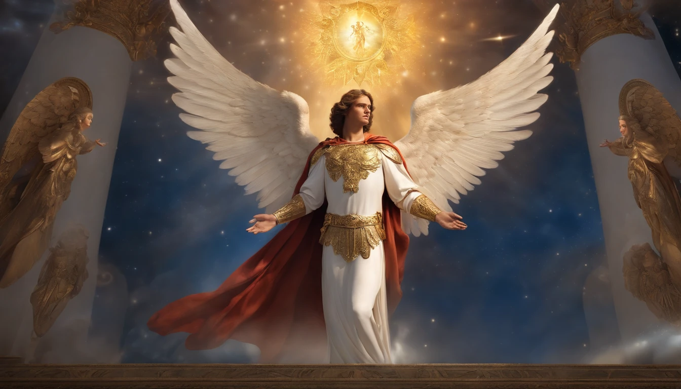 Male character, Archangel Michael, Celestial image, intricate detials, realisti, ROSAS and large wings, Angelic background, Catholic illustrative depiction of the Archangel Michael, Male character of the Bible, Michael is dressed in angelic armor, space background, Illumination in Arkhangelsk and in the background, Image of the whole body of an angel, Maximum detail and his angelic face and wings, Realistic perfect skin, maximum image quality, Miguel he is highlighted in the image with bright and vibrant colors.