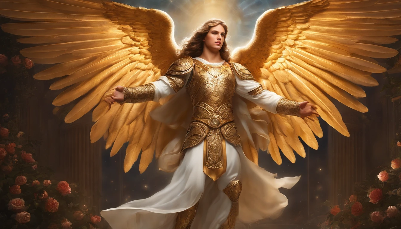 Male character, Archangel Michael, Celestial image, intricate detials, realisti, ROSAS and large wings, Angelic background, Catholic illustrative depiction of the Archangel Michael, Male character of the Bible, Michael is dressed in angelic armor, space background, Illumination in Arkhangelsk and in the background, Image of the whole body of an angel, Maximum detail and his angelic face and wings, Realistic perfect skin, maximum image quality, Miguel he is highlighted in the image with bright and vibrant colors.