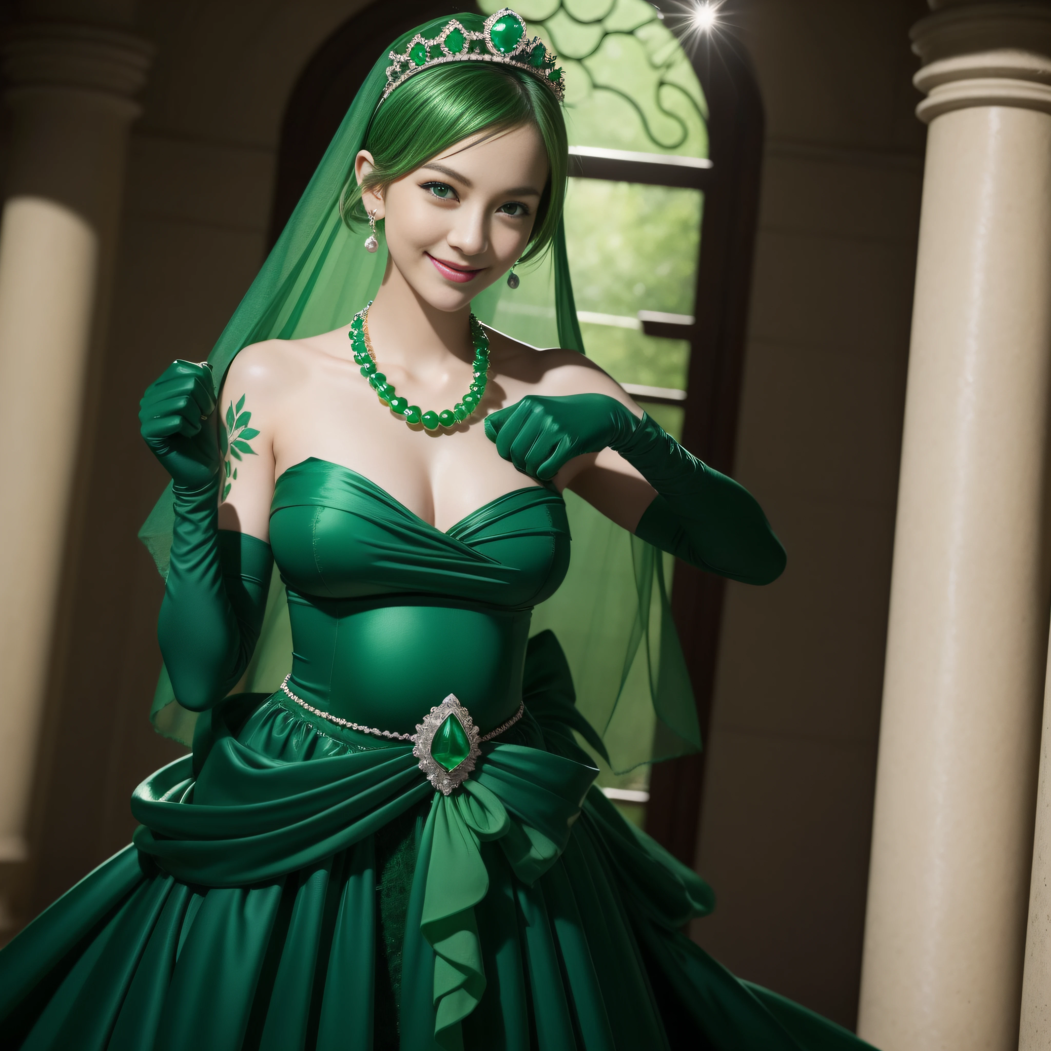 emerald tiara, Green Pearl Necklace, Boyish very short green hair, lipsticks, Japan woman smiling, very short short hair, fist, big breasts beautiful, Green eyes, Long green gloves made of satin material, Green eyes, Emerald Earrings, Pregnancy, Pregnant Woman, The tattoo, The tattoo