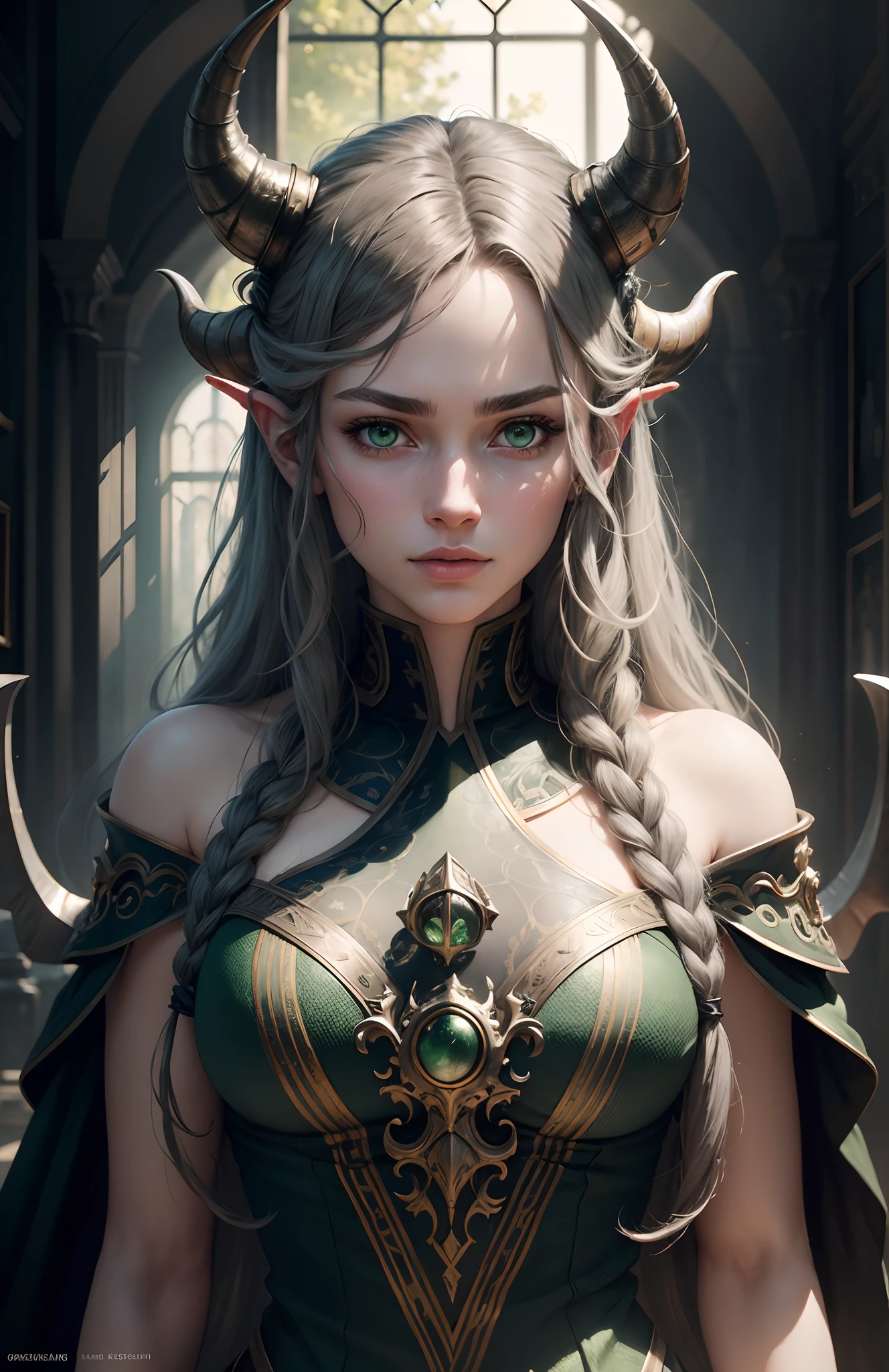 A woman with horns and a green dress in a dark room - SeaArt AI
