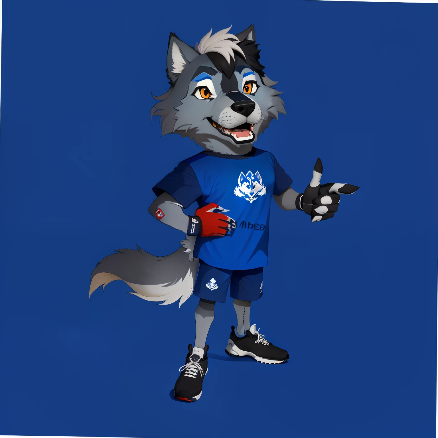 desenho animado de Um lobo com uma camisa azul e sapatos pretos, mascote da equipe esportiva, mascote esportivo, mascote de corpo inteiro, an anthropomorphic wolf, Illustration of the mascot of the sarandiense, anthropomorphic wolf, Wolf O'Donnell, Lobo Fursona, mascote de futebol do time sarandiense, Um lobo