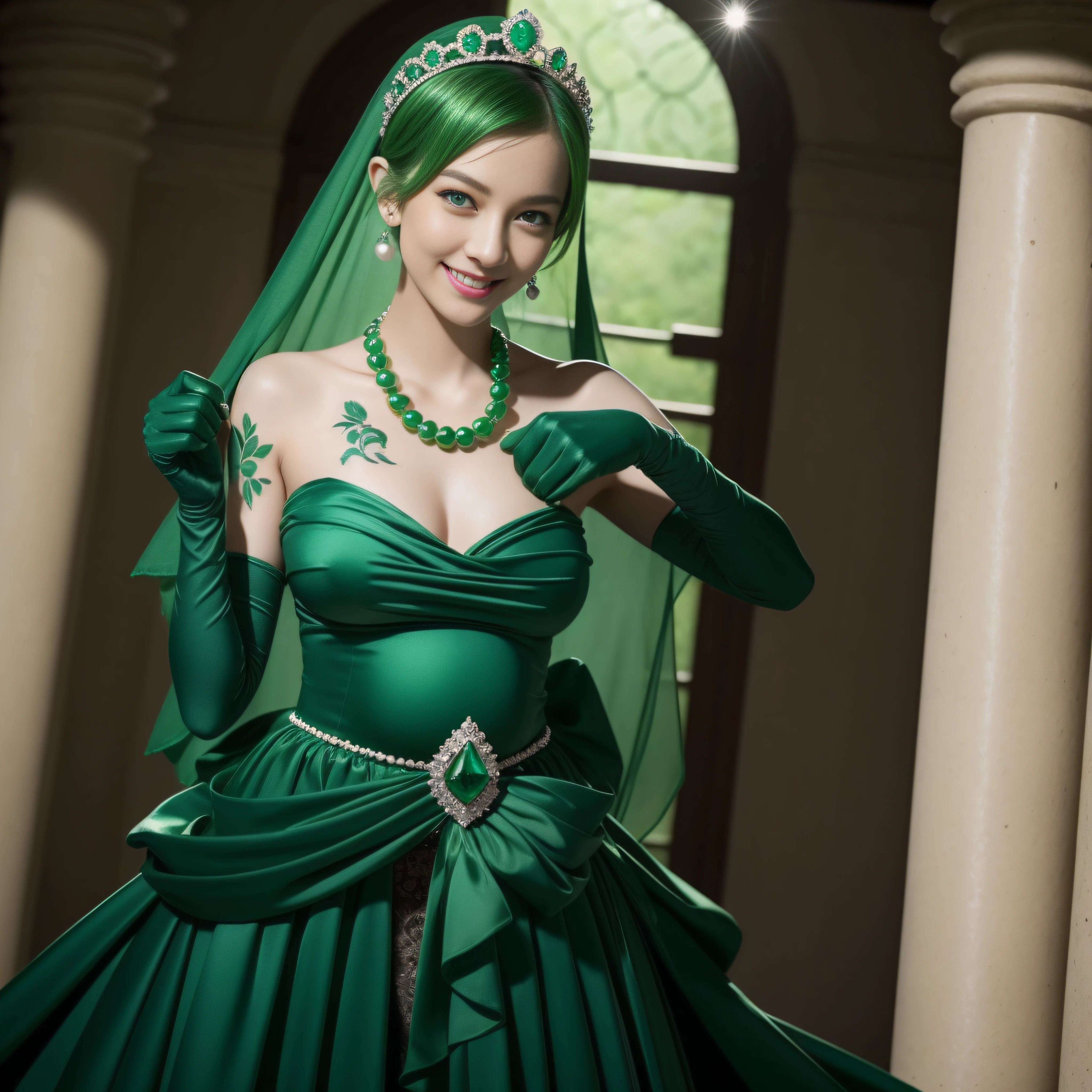 emerald tiara, green pearl necklace, ボーイッシュな非常に短いgreen hair, lipstick, smiling Japanese woman, very short hair,  Beauty with large breasts, green eyes, Long Green Satin Gloves, green eyes, emerald earrings, green veil, heart with both hands, green hair, Beautiful Japan woman in her 30s, heart shaped hand:1.3