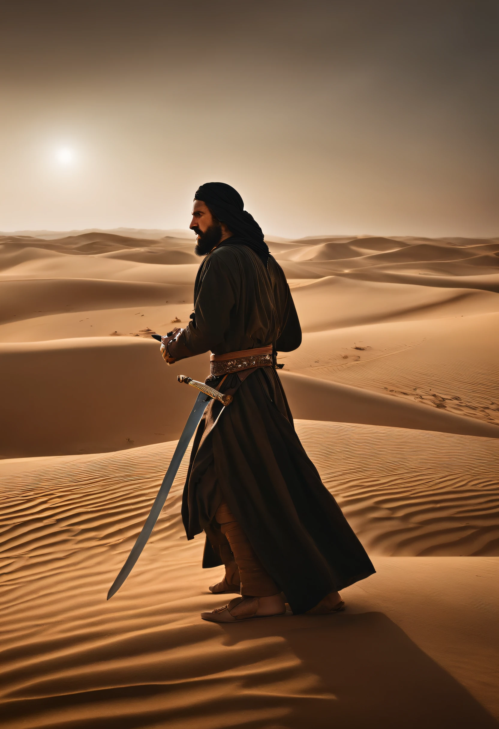 Por favor, crea una imagen que represente a Jalid ibn al-Walid practicando con su espada en el desierto cuando era un joven."