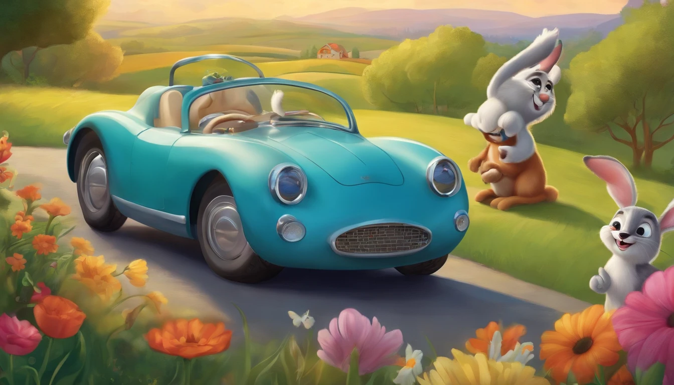 Imagine a captivating illustration for a children's book featuring a talking car. The car is depicted with expressive eyes, a friendly smile, and a sleek, shiny exterior. It interacts with a group of cheerful animal characters, such as a bunny, squirrel, and bird, who sit on the car's roof and engage in lively conversation. The background showcases a cheerful and vibrant landscape, incorporating elements like rolling hills, colorful flowers, and a bright blue sky.