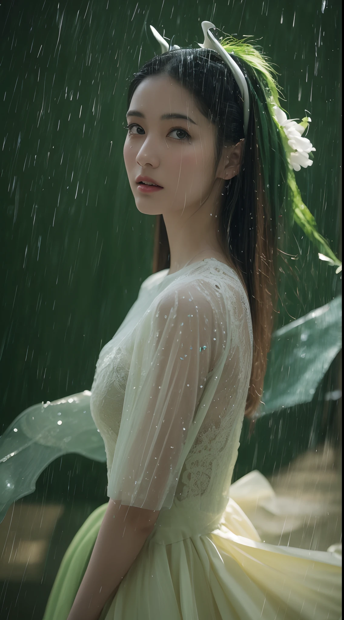 (Best quality,4K,8K,A high resolution,Masterpiece:1.2),Ultra-detailed,(Realistic,Photorealistic,photo-realistic:1.37),Blurred,Green-haired lady,Vertical yellow iris,deer antlers,swimsuit,Soft lighting,Playful and elegant curves,Sharp focus,Extremely detailed,Ethereal,Traditional Chinese landscape painting,Vibrant colors,Gentle light,Sweat drips on fair skin,rainy scene,Typhoon essays,Holding an umbrella