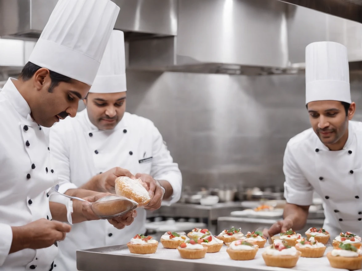 Indian chef team preparing desserts in commercial kitchen with stainless steel appliances, 5 chefs, competition winning, artistic poses, multiple chefs, dark background, good anatomy, no extra fingers,no fewer digits,no extra limbs,no extra arms, no extra legs, no malformed limbs, no fused fingers,no too many fingers,