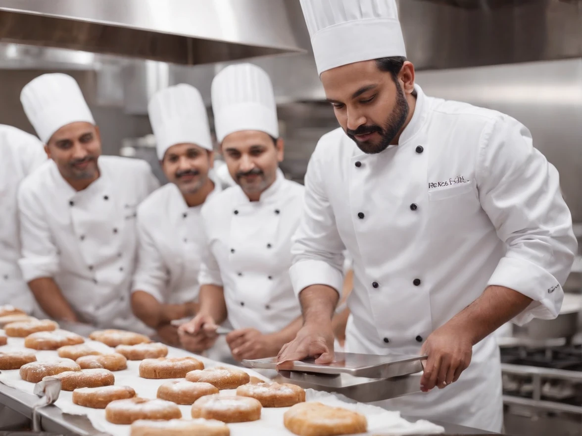 Indian chef team preparing desserts in commercial kitchen with stainless steel appliances, 5 chefs, competition winning, artistic poses, multiple chefs, dark background, good anatomy, no extra fingers,no fewer digits,no extra limbs,no extra arms, no extra legs, no malformed limbs, no fused fingers,no too many fingers,