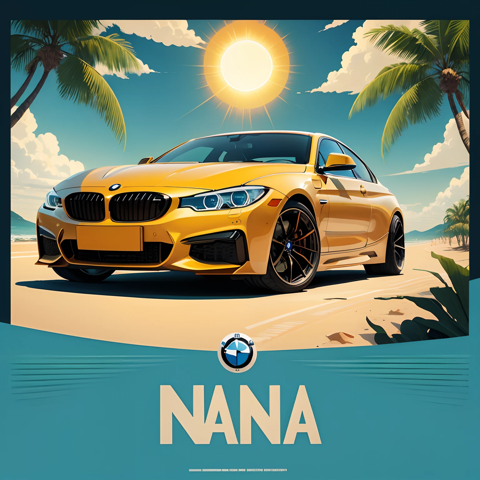 Travel poster,vector, minimal, huge sun at the back ground, modern BMW,tropical environment.
