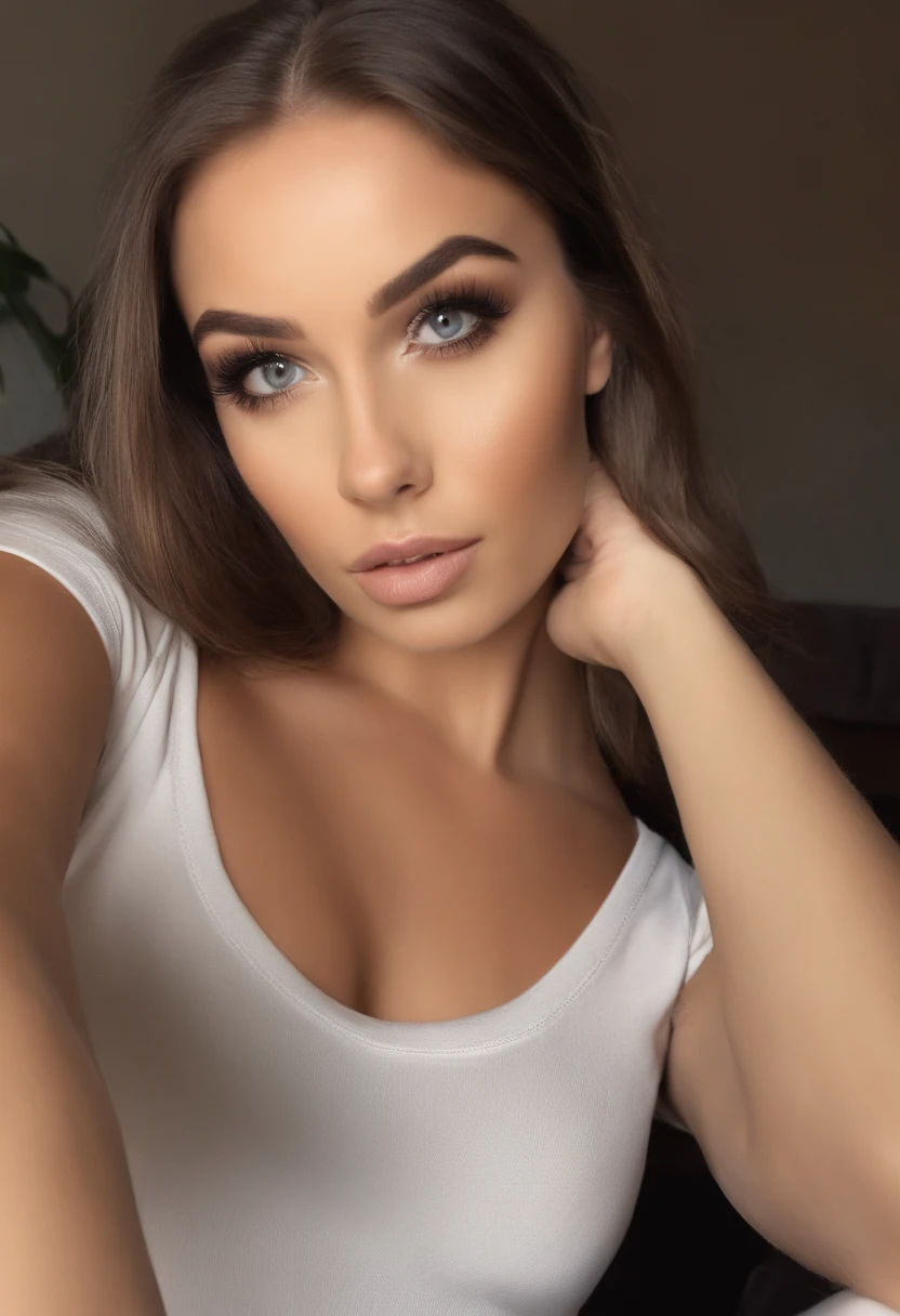 Arafed Mujer con camiseta sin mangas y bragas a juego, Chica sexy con ojos marrones, Retrato Sophie Mudd, brown hair and large eyes, selfie de una mujer joven, Ojos del dormitorio, Violeta Myers, sin maquillaje, Maquillaje natural, staring directly into camera, cara con artgram, maquillaje sutil, Impresionante foto de cuerpo completo, en la oficina, escote