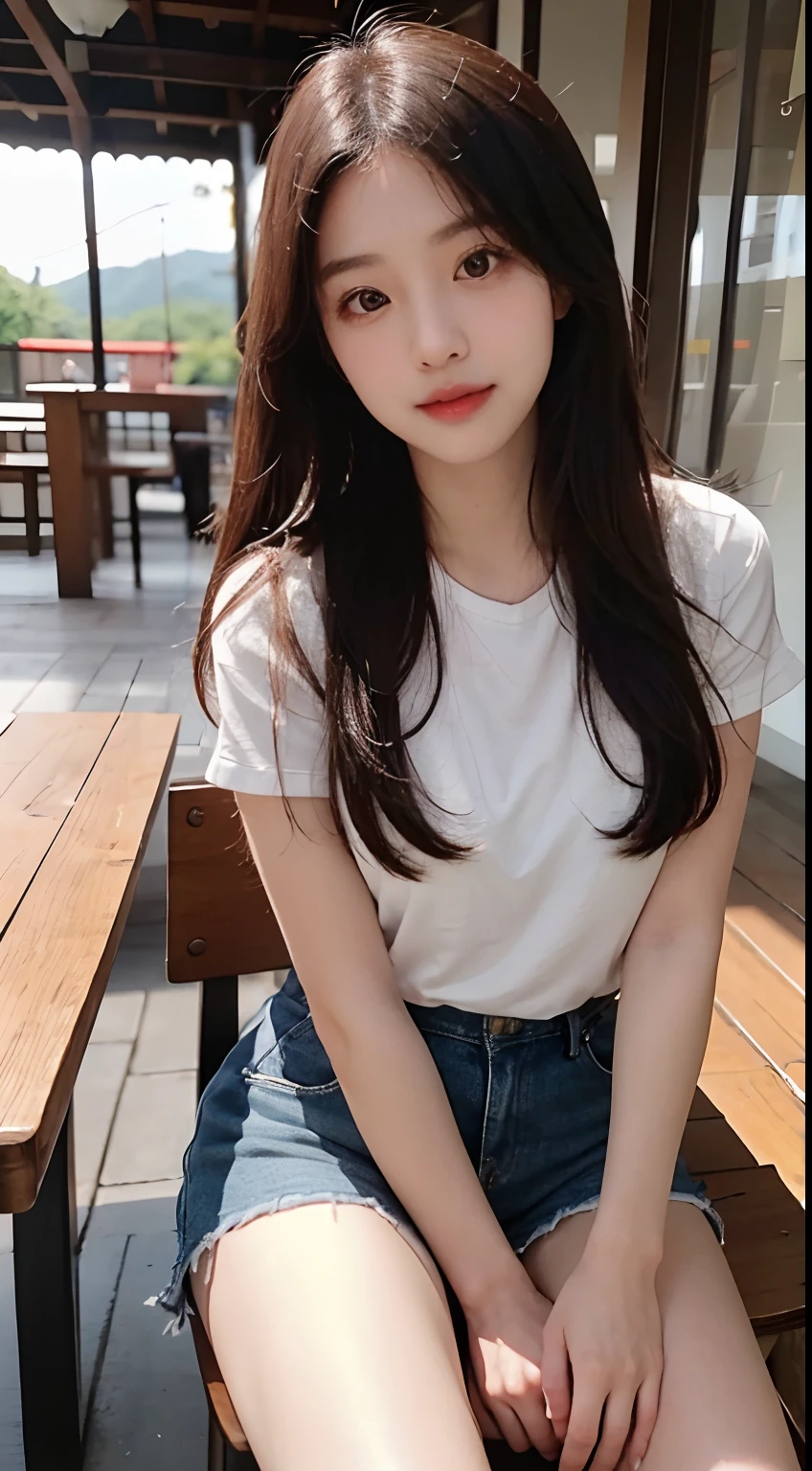 A 21-year-old Japanese woman with a bright smile、Relaxing at a cafe in the city。she wears colorful accessories、Sitting comfortably in a casual pose。