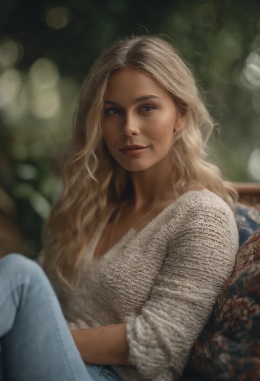 (best quality,4k,8k,highres,masterpiece:1.2),ultra-detailed,(realistic,photorealistic,photo-realistic:1.37),blonde woman,,sitting,surrounded,colorful cushions