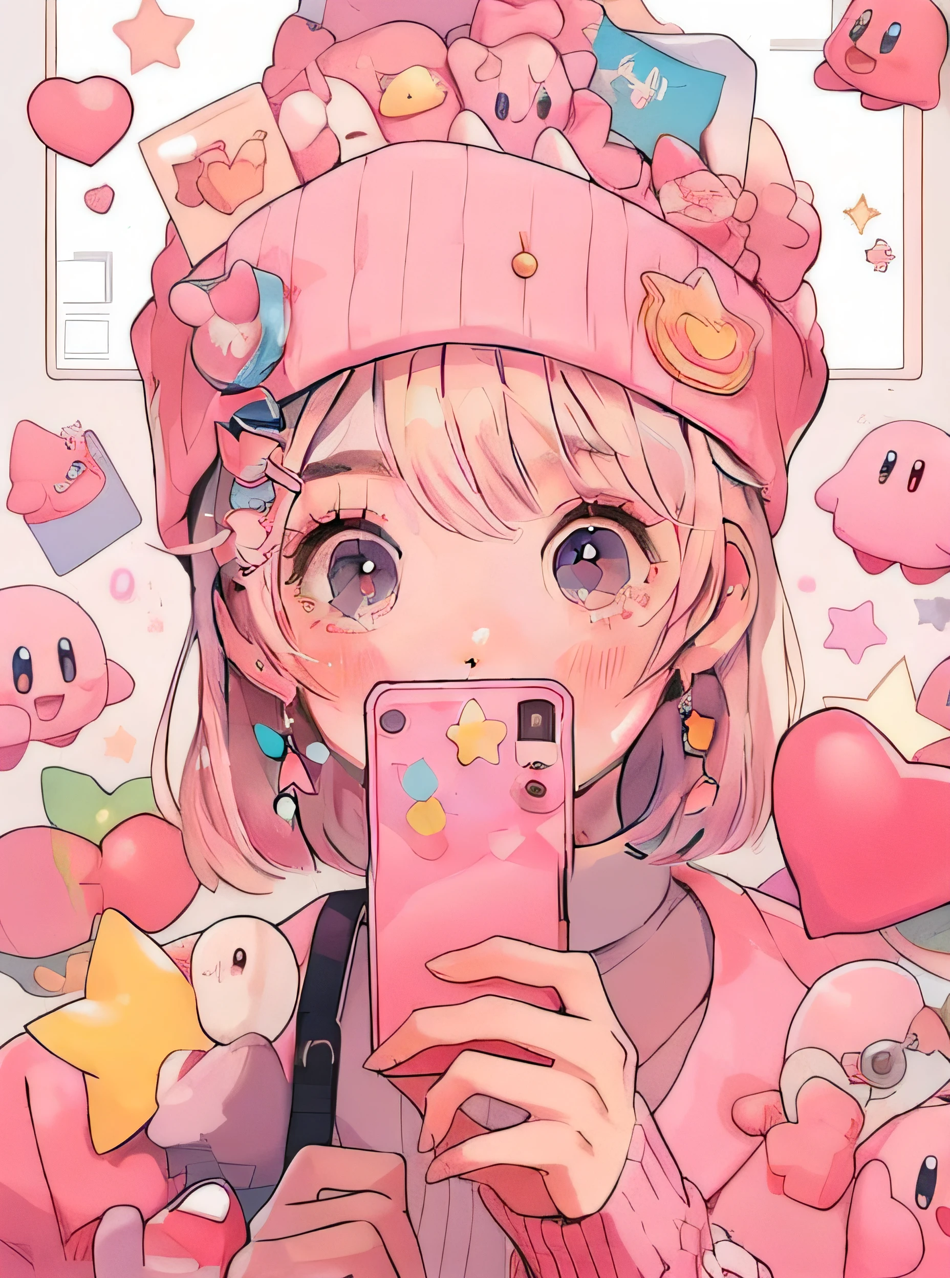 um close up de uma pessoa segurando um celular na frente de um monte de brinquedos, estilo de arte bonito, kawaii bonito, kawaii retrato realista, kawaii aesthetic, anime vibes, pink iconic character, anime aesthetic, arte detalhada bonito, meninae-rosa, retratos bonitos da menina do anrte digital detalhada bonito, menina anime bonite anime de alta qualidade, estilo de arte anime