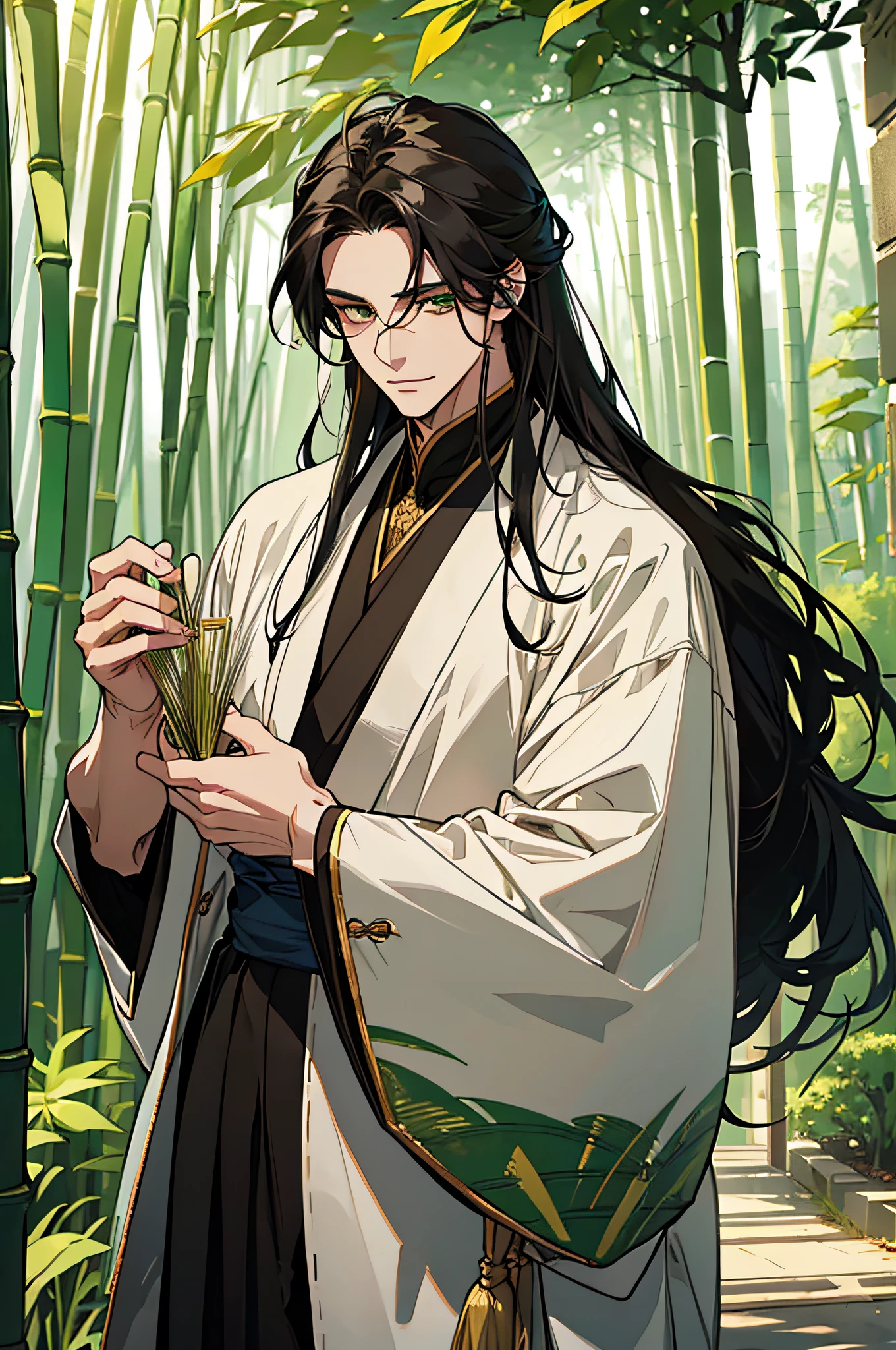 masterpiece, hyper HD,very detailed, ((a man)),perfect face, smirking,japanese antique clothing style,long black hair,green eyes,long flowy hair,golden hairpin,stattlich,gentle,tall, green and white colored clothes,outside,bamboo grove,looking to the viewer