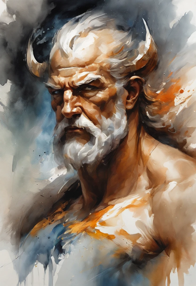 expressive essence of brush strokes art, raw energy and emotion of brushwork, in the art style of Raymond Swanland and art style of Martin Ansin, (Zeus is the Greek god:1) of the sky and thunder in the sky, symmetric circular iris