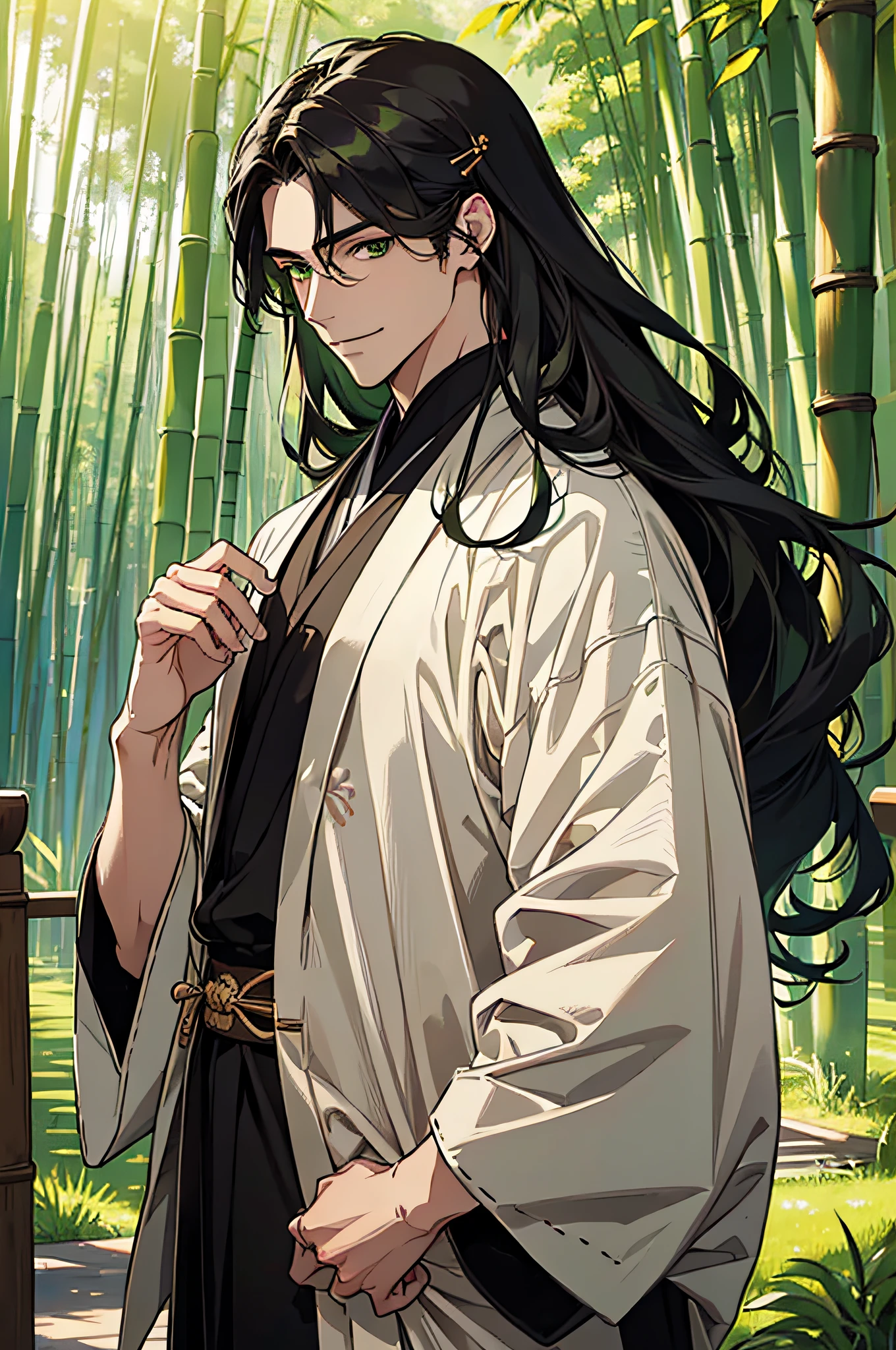 masterpiece, hyper HD，very detailed, ((a man))，perfect face, smirking，japanese antique clothing style，long black hair，green eyes，long flowy hair，golden hairpin，stattlich，gentle，tall, green and white colored clothes，outside，bamboo grove，looking to the viewer