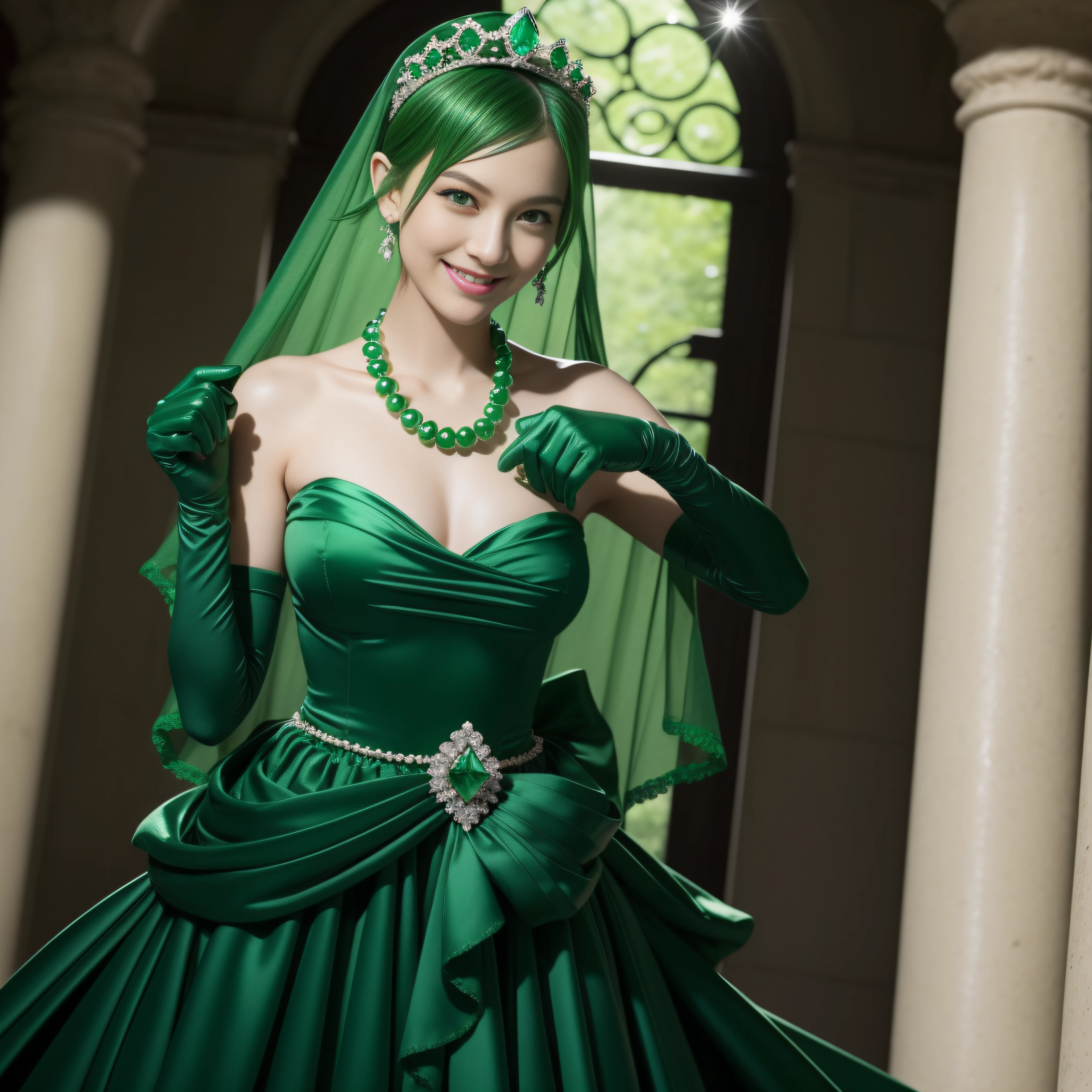emerald tiara, Green Pearl Necklace, Boyish very short green hair, lipsticks, Japan woman smiling, very short short hair, big breasts beautiful, Green eyes, Long green gloves made of satin material, Green eyes
