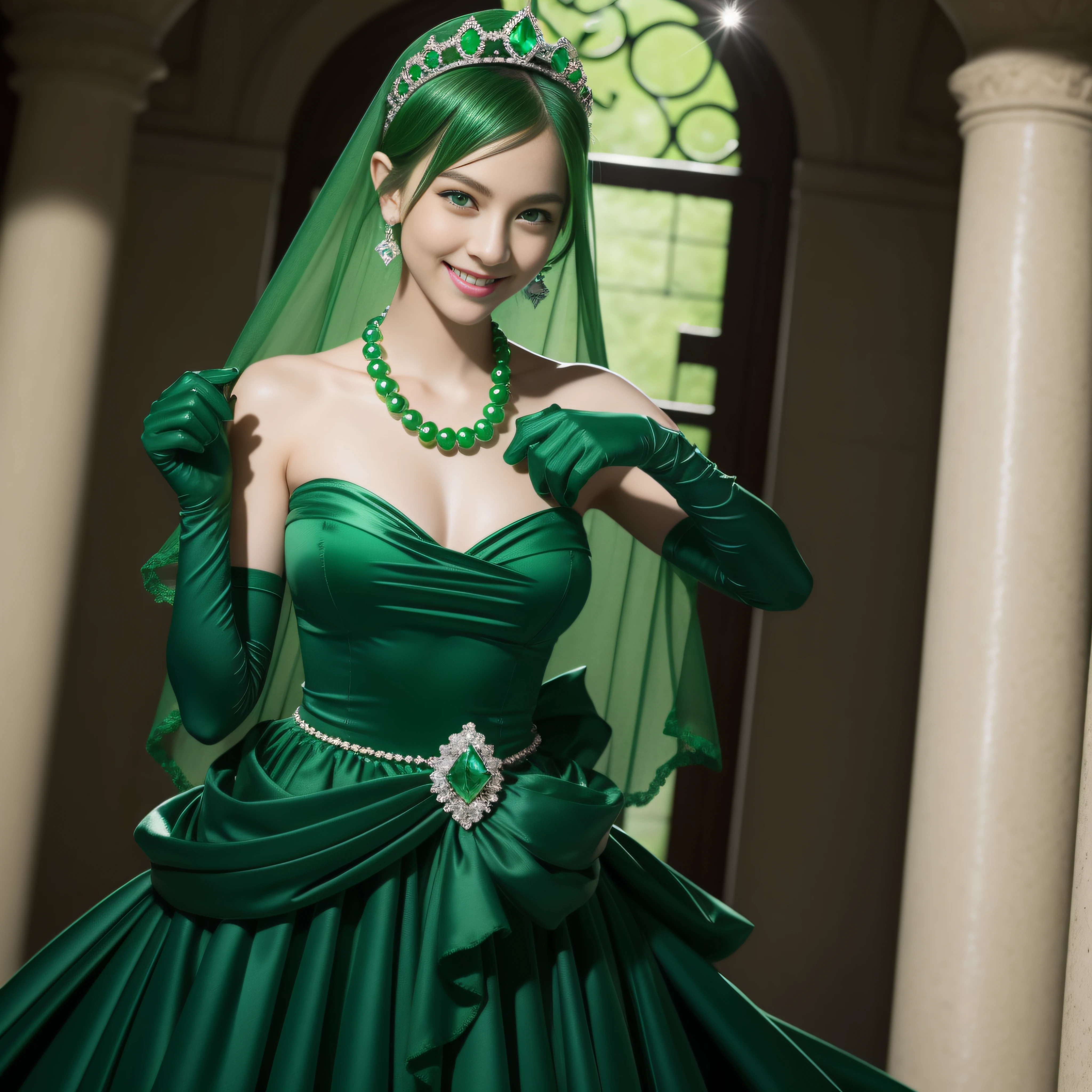 emerald tiara, Green Pearl Necklace, Boyish very short green hair, lipsticks, Japan woman smiling, very short short hair, fist, big breasts beautiful, Green eyes, Long green gloves made of satin material, Green eyes, Emerald Earrings