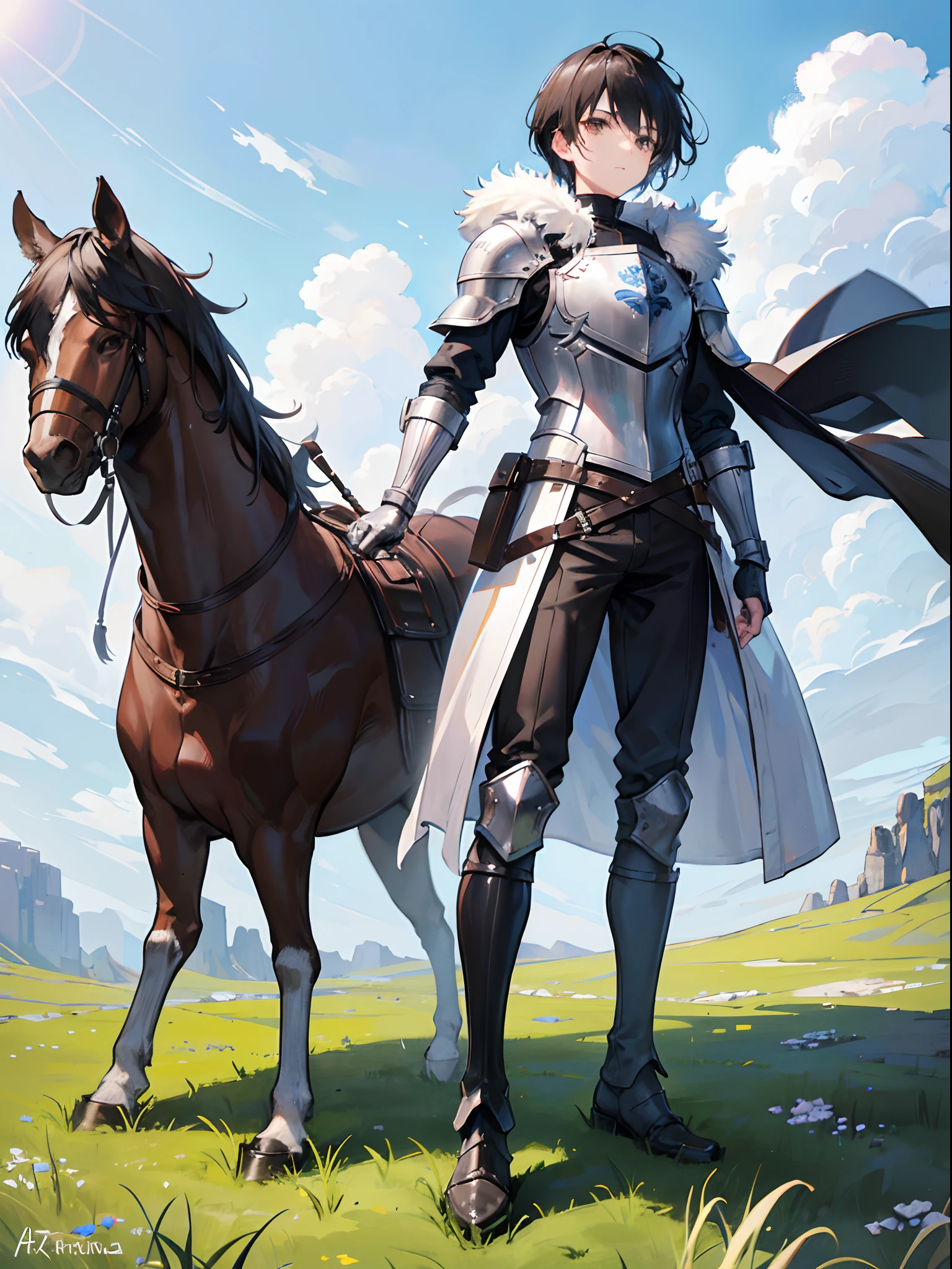 1man, standing, short black hair, gray eyes, white fur, brown leather jacket, knight, adventurer, short sleeves, breastplate, grassland, absurdres, high res, ultrasharp, 8K, masterpiece, looking at viewer, blue sky, full body