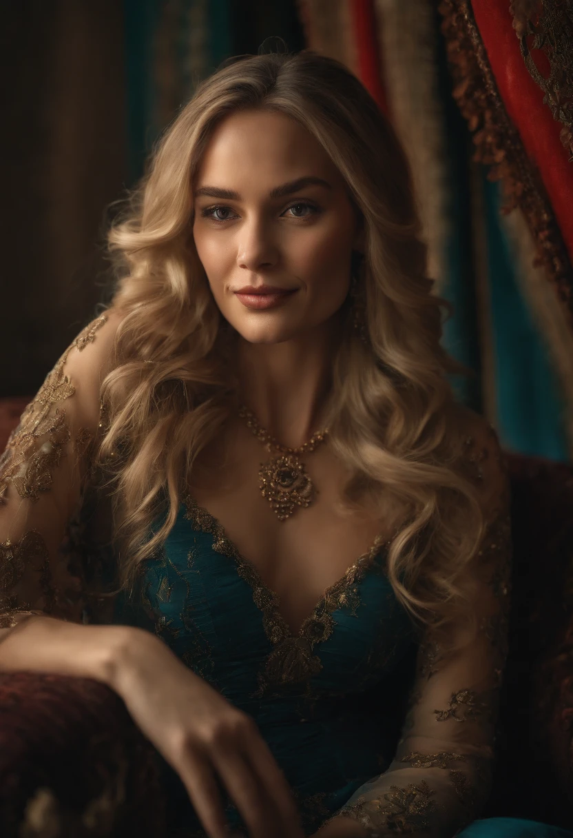 A blonde woman sitting surrounded by colorful cushions, with a malicious smile.

Medium: Oil painting

Additional details: The room is filled with luxurious fabrics, soft rugs, and exotic plants. Sunlight filters through the sheer curtains, casting a warm glow on the woman's face. The cushions are embroidered with intricate patterns and are arranged in a haphazard yet artistic manner. The woman's dress is elegant and flowing, with vibrant colors that complement the cushions. Her malicious smile reveals a tantalizing secret, adding an air of mystery to the scene.

Image quality: (best quality, 4k, 8k, highres, masterpiece:1.2), ultra-detailed, (realistic, photorealistic, photo-realistic:1.37)

Art style: Portraits

Color palette: Rich and vibrant colors with a focus on contrasting hues

Lighting: Soft natural light with subtle shadows, highlighting the woman's features and the texture of the cushions.