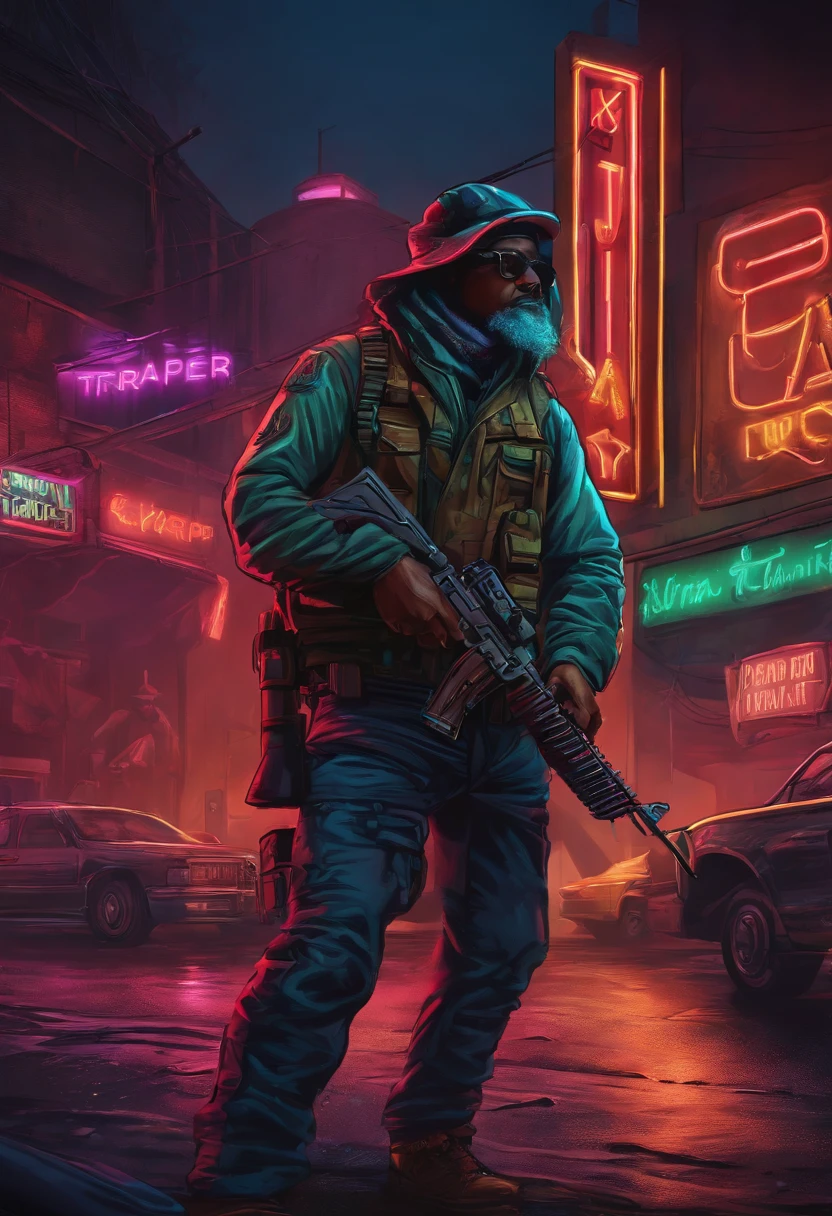 Trapper artist logo where the image is and a neon light with name Jiraya Thug in the shape of an ak 47 rifle with one with neon city around.