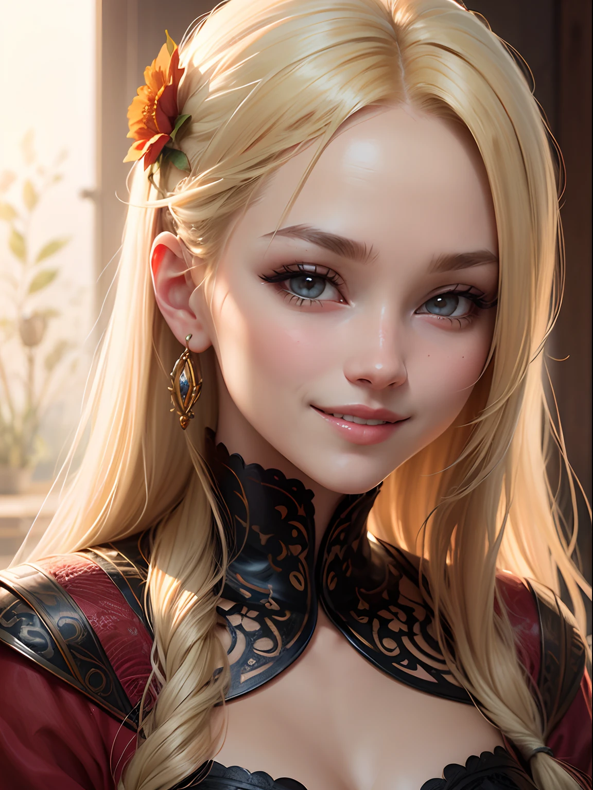 woman's face, long blonde hair, smiling, sun is red, (digital painting, concept art, smooth, sharp focus, intricate details, close-up, masterpiece: 1.2)