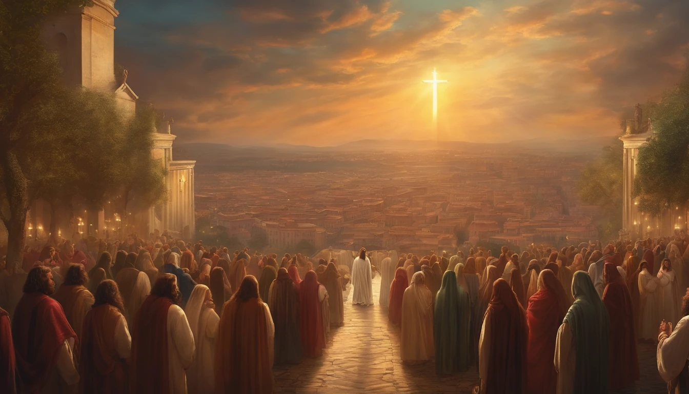 Gleaming Jesus Christ looking at a city in the midst of a great army of people