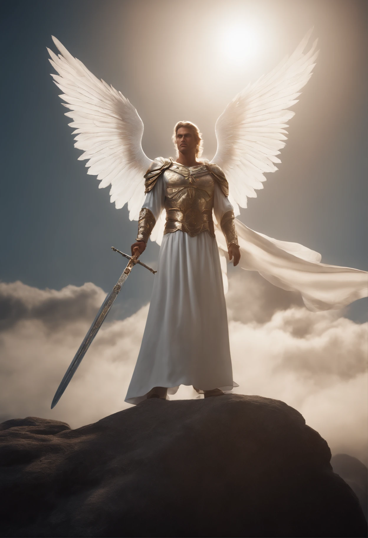 Archangel Michael, bright white robe, with two giant wings and a sword in his hand, set design a sky many cloudsultra detailed artistic photography, glare, shadows, ultra high definition, 8k, unreal engine 5, ultra sharp focus, cinematic character rendering production highly detailed, high quality model
