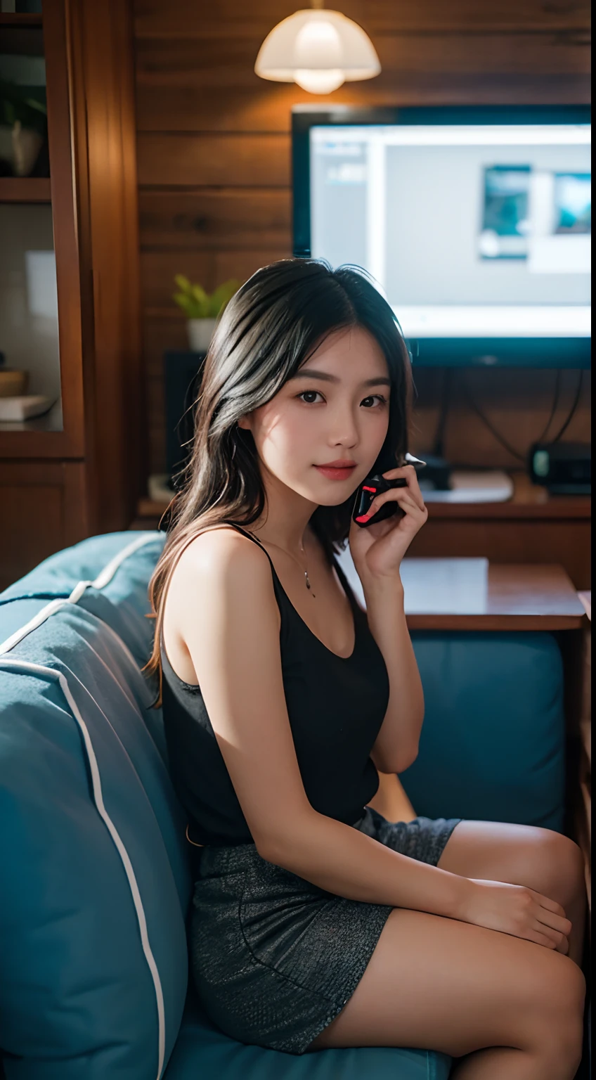 there is a woman that is sitting down with a remote, taken with canon eos 5 d mark iv, captured on canon eos r 6, a young asian woman, taken with canon eos 5 d, portrait soft low light, shot on canon eos r 5, shot on canon eos r5, taken with canon 5d mk4, taken with a canon eos 5 d