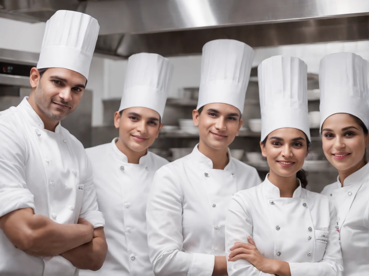 Indian chef team preparing desserts in commercial kitchen with stainless steel appliances, 5 chefs, wearing white chef hat, wearing hand gloves, competition winning, artistic poses, multiple chefs, dark theme, dark background, not bright