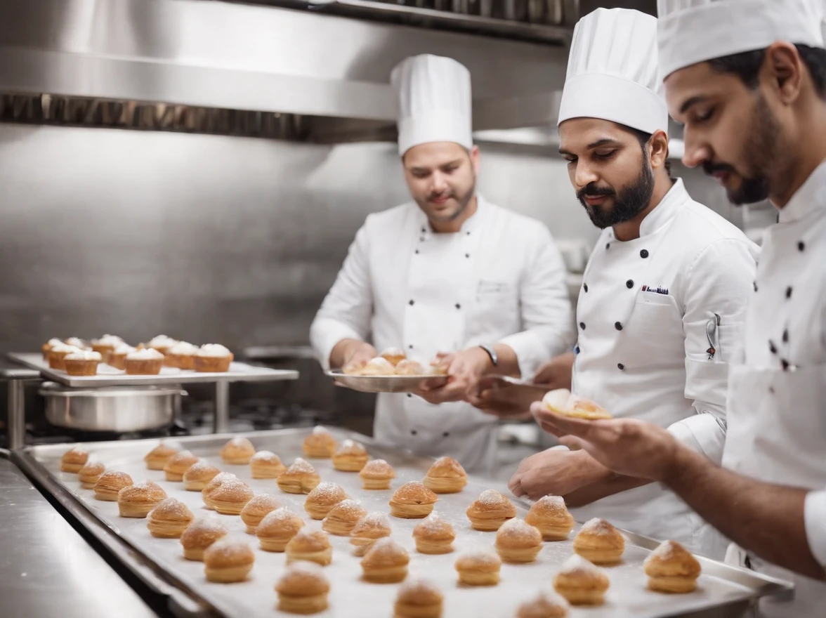 Indian chef team preparing desserts in commercial kitchen with stainless steel appliances, 5 chefs, wearing white chef hat, wearing hand gloves, competition winning, artistic poses, multiple chefs, dark theme, dark background, not bright