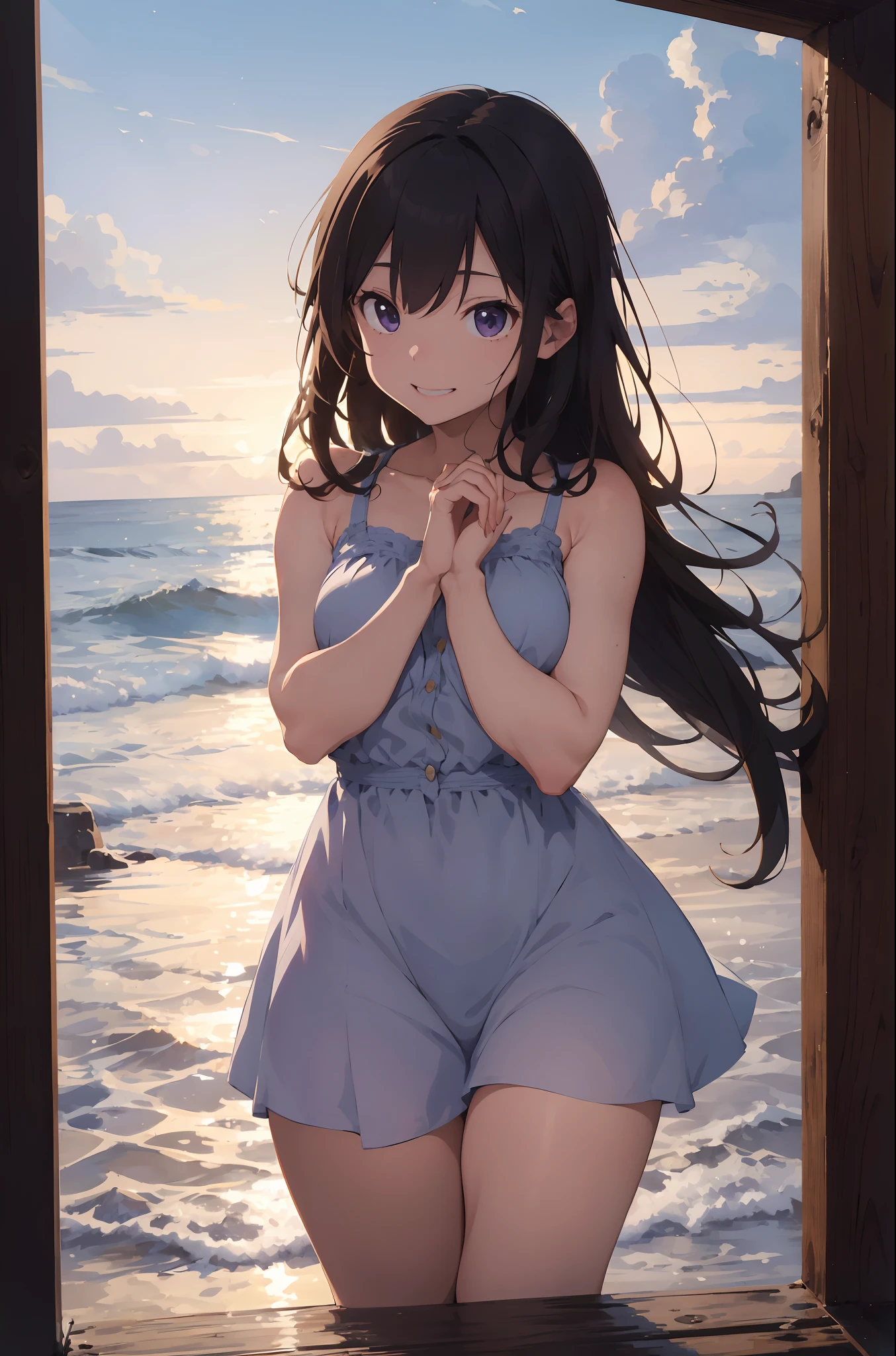 As the sun dipped below the horizon, the sky transformed into a canvas of purples and oranges, casting a gentle, romantic glow over the scene (atmosphere: 1.0). BREAK On a cozy, moonlit beach, a couple, John and Sarah, sat together on a weathered wooden bench (couple's setting: 1.0). John's eyes, glistening with affection, were locked onto Sarah's radiant smile (John's expression: 1.0). Sarah's cheeks were flushed with a rosy hue, a clear sign of her deep, heartfelt happiness (Sarah's expression: 1.0). BREAK Their intertwined fingers spoke volumes of their unbreakable bond (gesture: 1.0), and their animated conversation was punctuated by bursts of laughter (interaction: 1.0). BREAK In the backdrop of this intimate moment, the waves rhythmically kissed the shore (natural soundtrack: 1.0), adding a soothing melody to their love story (effect: Romantic Serenity: 1.4).