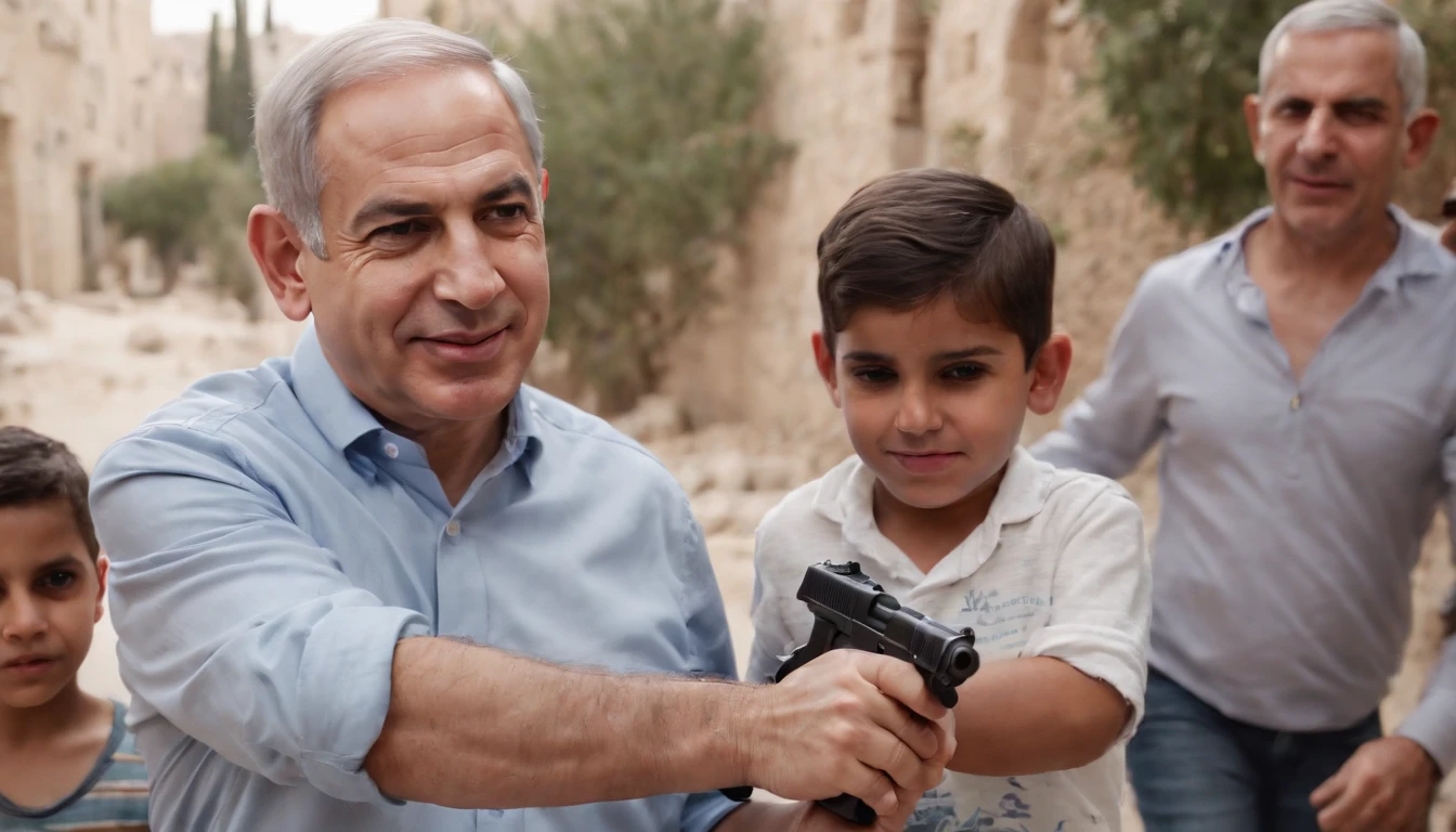 Benjamin Netanyahu is killing crying little innocent Palestinian children brutally from gun.