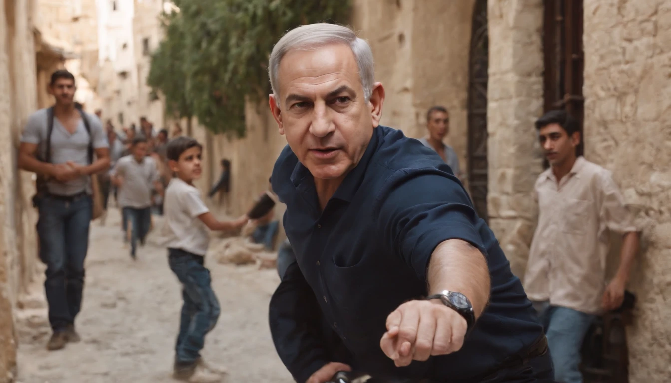 Benjamin Netanyahu is smiling cruelly and killing little crying innocent Palestinian children brutally from smart high tech gun. In Palestine street . Whole street view