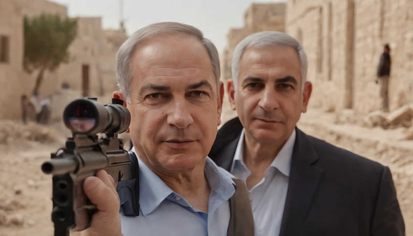 Benjamin Netanyahu is smiling cruelly and killing little crying innocent Palestinian children brutally from smart high tech gun. In Palestine street . Whole street view