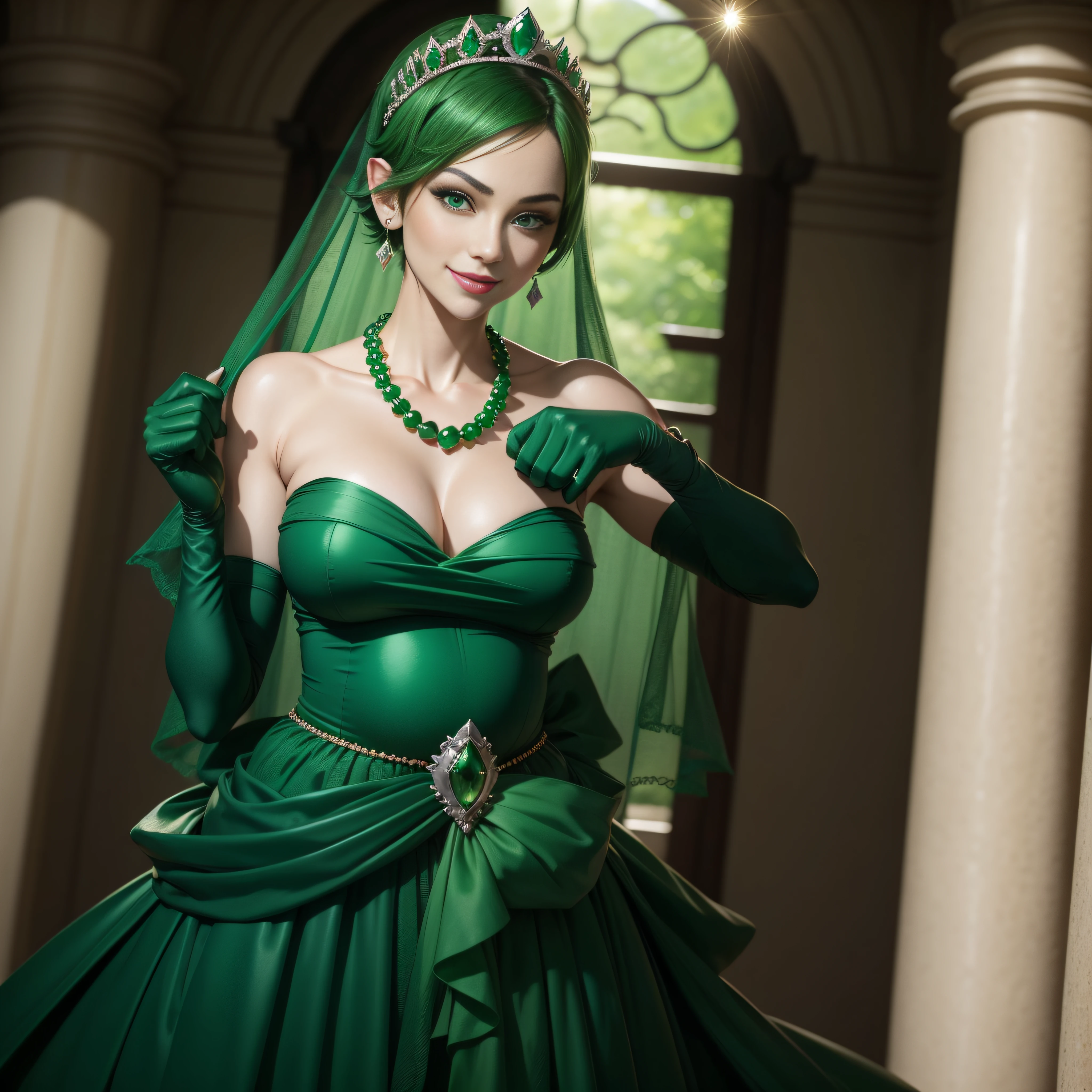 emerald tiara, Green Pearl Necklace, Boyish very short green hair, lipsticks, Japan woman smiling, very short short hair, fist, big breasts beautiful, Green eyes, Long green gloves made of satin material, Green eyes, Emerald Earrings, Pregnancy, Pregnant Woman, The tattoo, tattoo