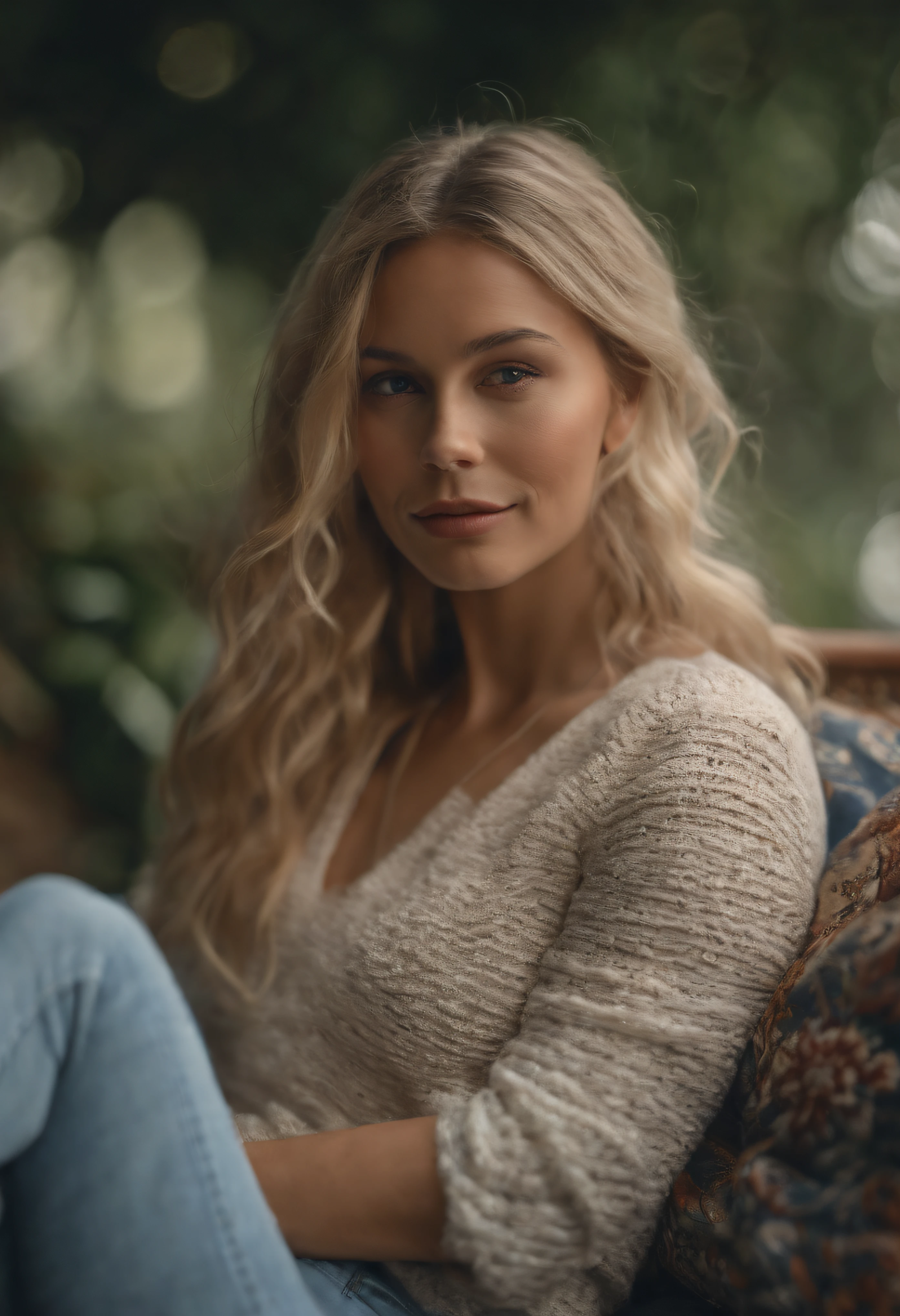 (best quality,4k,8k,highres,masterpiece:1.2),ultra-detailed,(realistic,photorealistic,photo-realistic:1.37),blonde woman,,sitting,surrounded,colorful cushions