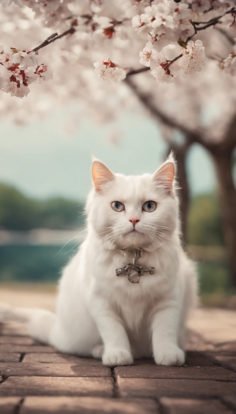 Cartoon white cat, Float in the air, Rainbow back, Around the cherry blossoms, High detail, Cinematic lighting, Motion blur, color difference, hyper HD, Masterpiece, Super detail, High details, High quality, Award-Awarded, Best quality, A high resolution