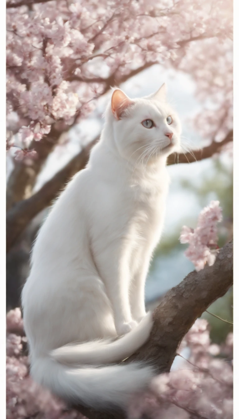 Cartoon white cat, Float in the air, Rainbow back, Around the cherry blossoms, High detail, Cinematic lighting, Motion blur, color difference, hyper HD, Masterpiece, Super detail, High details, High quality, Award-Awarded, Best quality, A high resolution