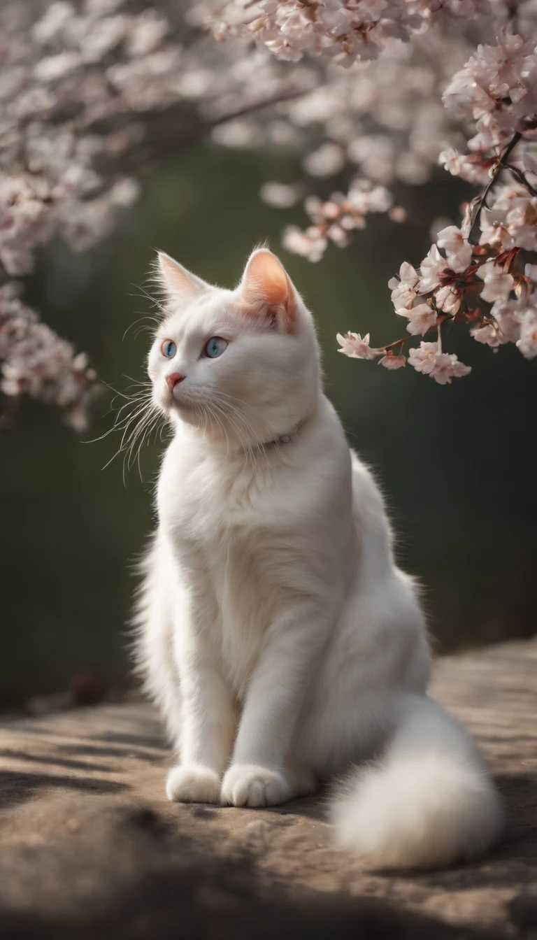 Cartoon white cat, Float in the air, Rainbow back, Around the cherry blossoms, High detail, Cinematic lighting, Motion blur, color difference, hyper HD, Masterpiece, Super detail, High details, High quality, Award-Awarded, Best quality, A high resolution