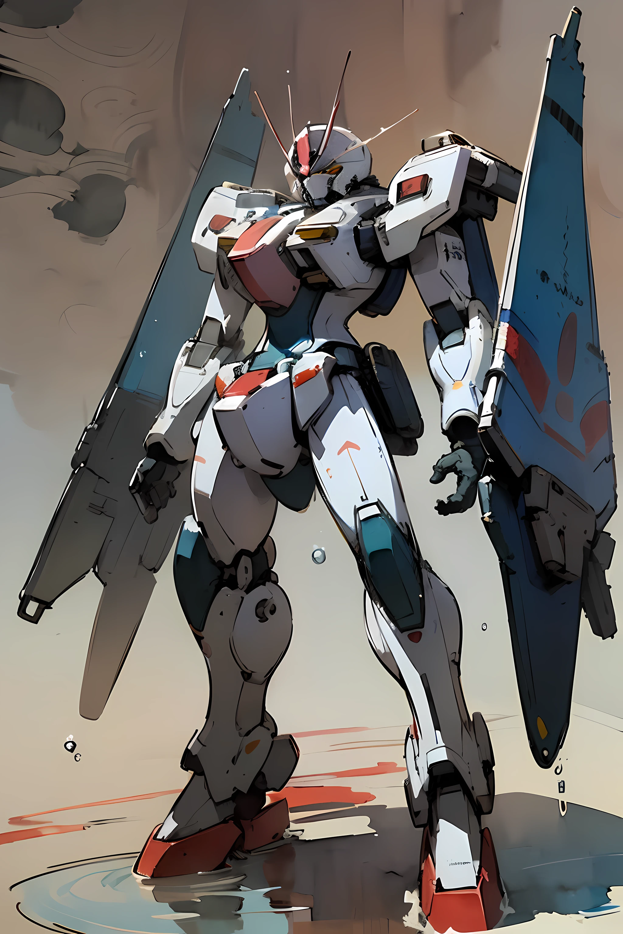 Mecha, white with red markings, (artist Mamoru Nagano:1.5), (fine ink drawing:1.6), (water-colors:1.6), (Illustration on paper)