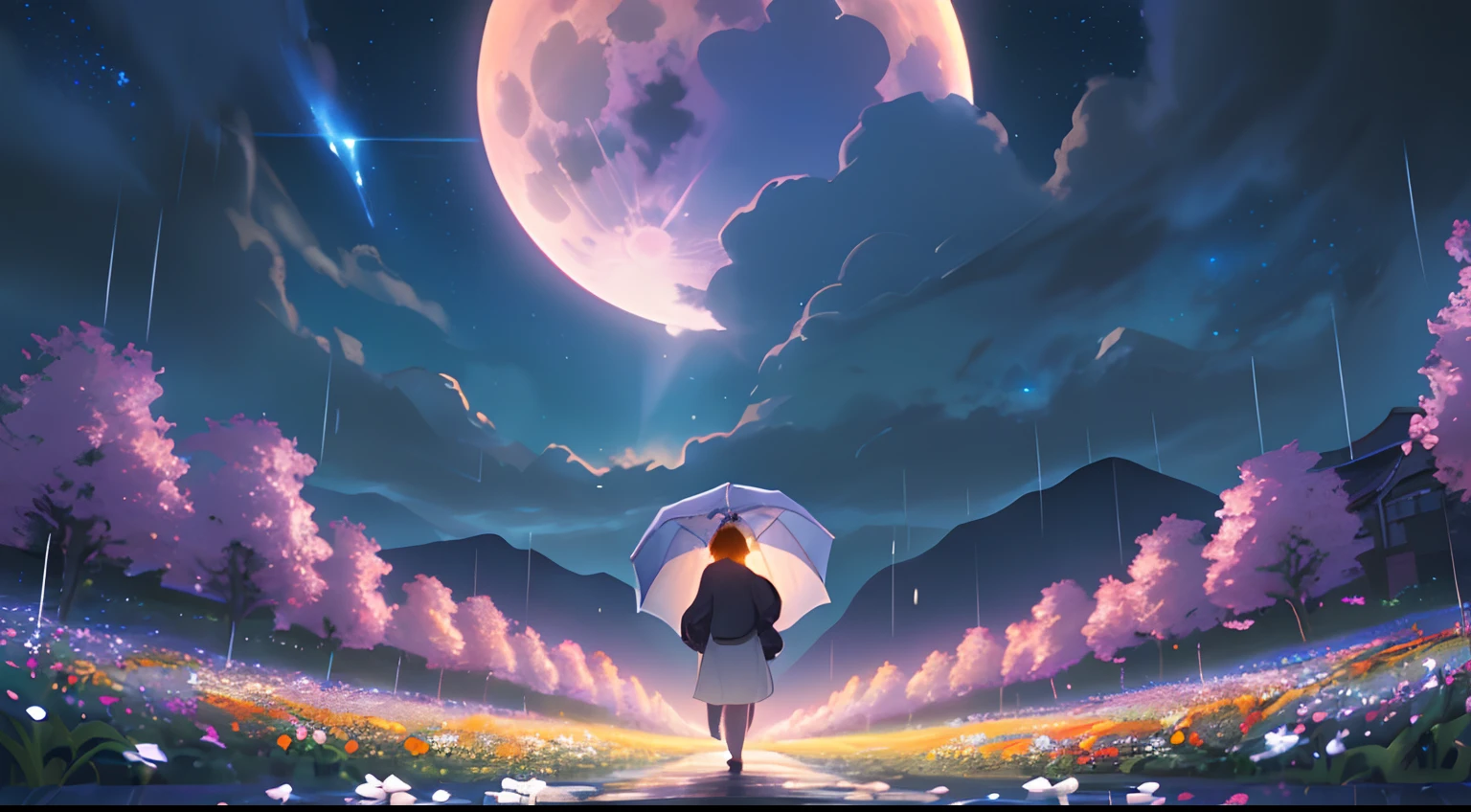Landscape Photography（Seen from below、Sky above、Lower is the field）、Bright flower garden、A sparkling flower garden、Fantastic、Girl standing in a flower garden looks up（fullmoon：1.2）、（meteors：0.9）、（nebulas：1.3） )、mountain in the distance々、WOOD BREAK CRAFTING ART、(Warm light: 1.2)、(fireflys: 1.2)、A light、Lots of Purples and Oranges、intricate detailes、Volume Lighting BREAK (​masterpiece: 1.2)、(top-quality)、4K、ultra-detailliert、(The composition of the movement: 1.4)、Rich in details and colors、(Irridescent color: 1.2)、(Glow、Atmospheric lighting)、Dreamy、Magical、(独奏: 1.2)、Sateen、Magnificent view、magnificient clouds、rain is falling、rain cloud、Holding an umbrella in the rain