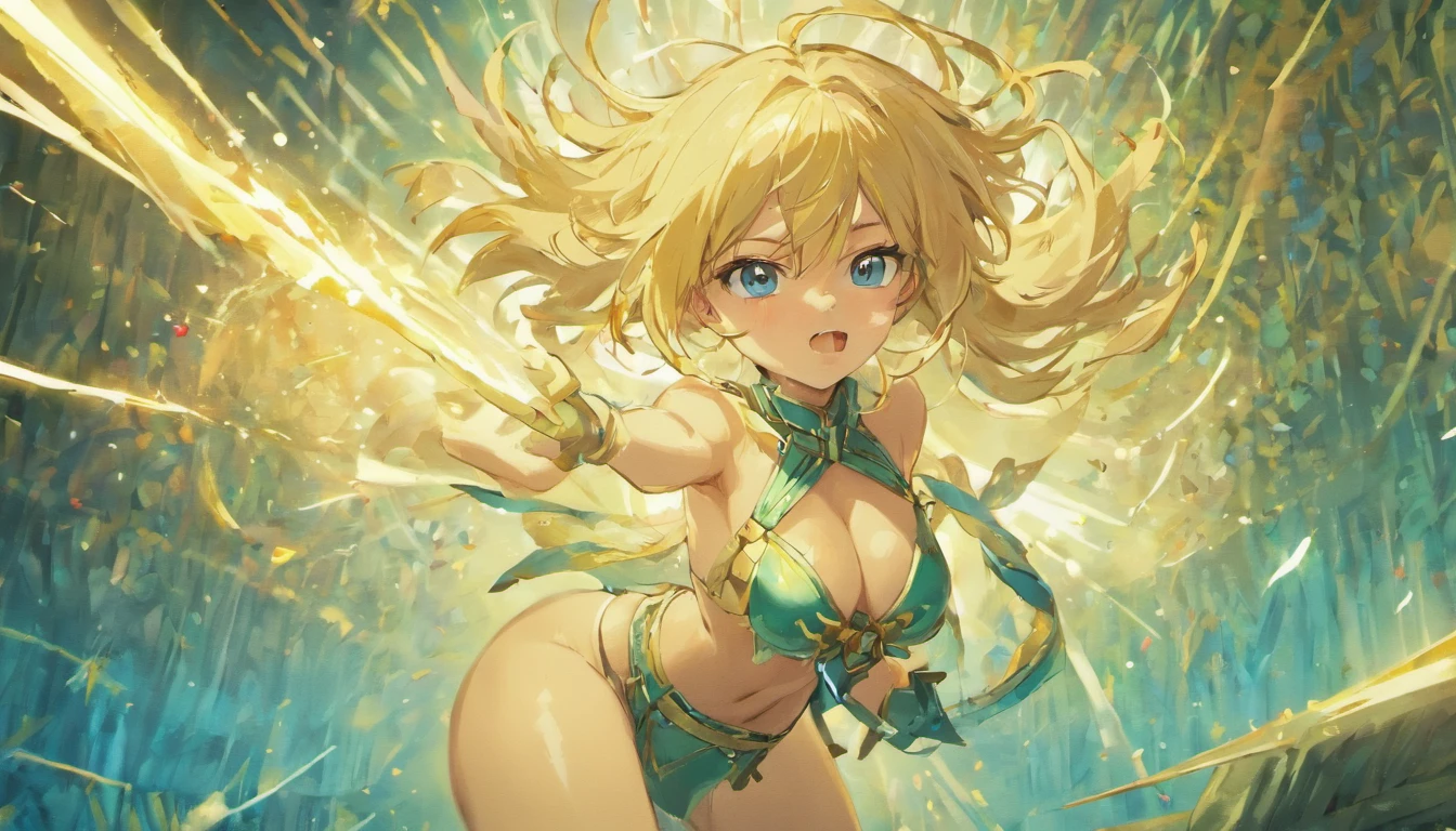hair_over_one_eye, blonde_hair, blue_eyes, portrait, solo, (full body:0.6), looking up, detailed background, detailed face, (bronzepunkai, bronze theme:1.1), gladiator, triumphant, taunting expression, yellow gladiator armor, greaves, arena in background, blood, sunshine, legendary gladiatorial atmosphere,, waterpark, market stall, building, fitting room, natural, hail, earth, bamboo forest, cleavage, two piece armor, stomach, collarbone, long hair blowing in wind, long fabric blowing in wind, windy, seductive, (partially nude)