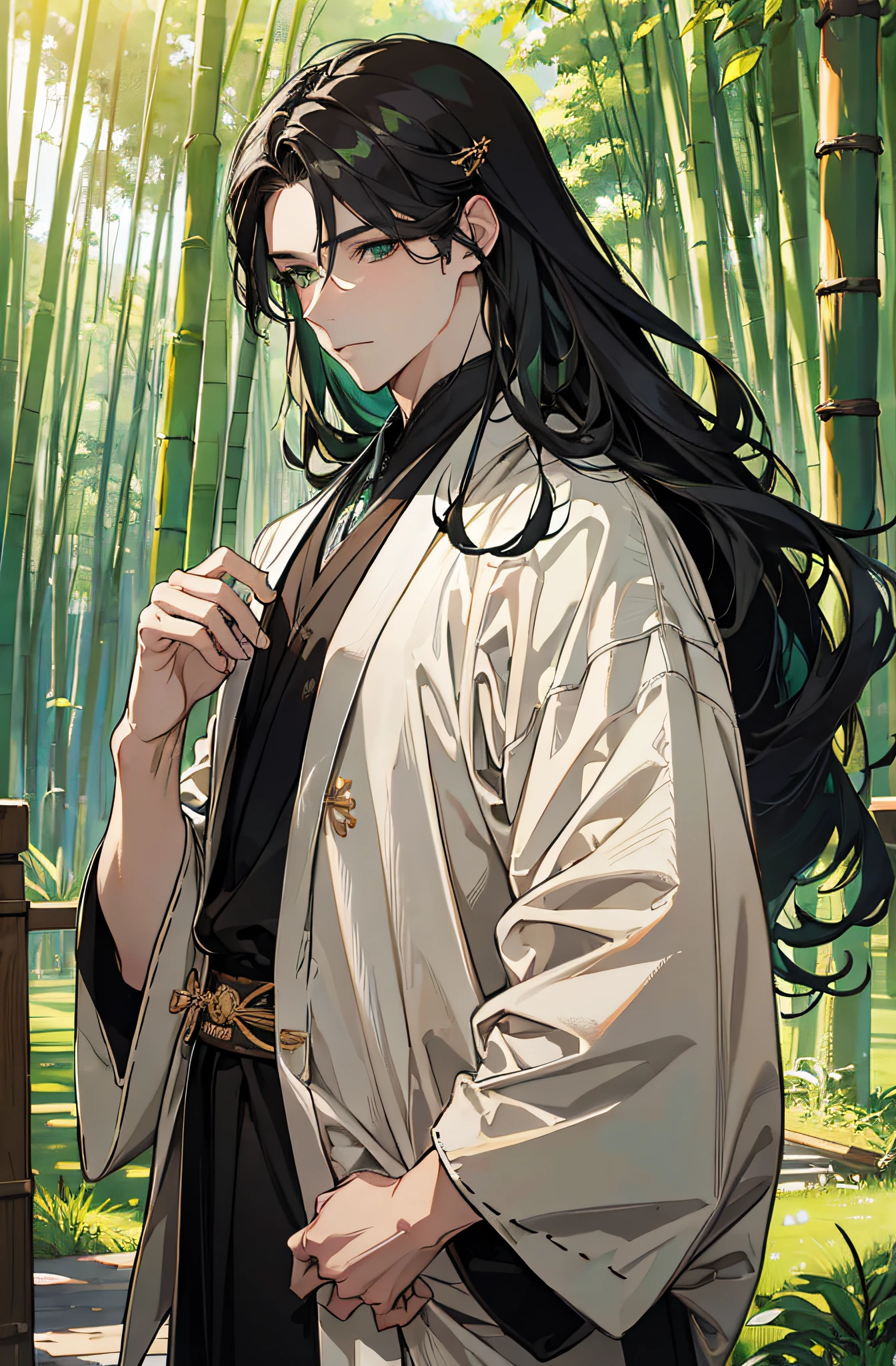 Meisterwerk, hyper HD，sehr detailliert, ((Ein Mann))，Perfektes Gesicht, grinsend，Japanisch Antiker Kleidungsstil，langes schwarzes Haar，green eyes，langes, flowy hair，Goldene Haarnadel，stattlich，gentle，hoch, green and white dyed clothes，outside，Bambus-Hain，Blick auf den Betrachter