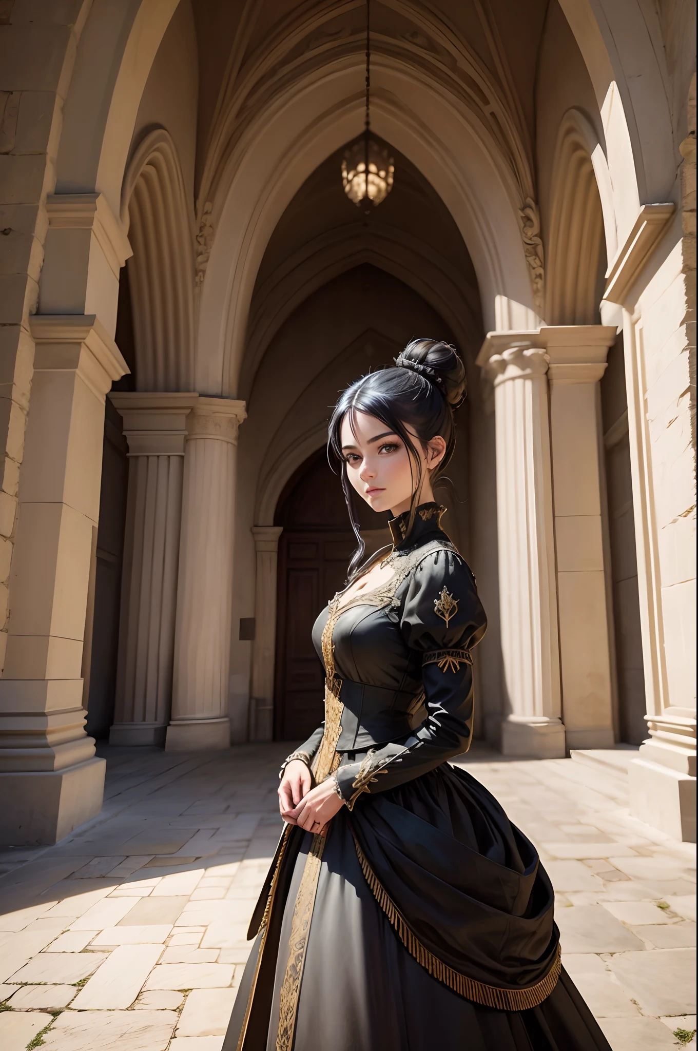 Kingdom Valeria, ancient france kingdom, Valerie castle, beautiful art, incredible, amazing quality, full view of castle, outside shot of castle, beautiful structure, 1 girl in shot, standing distance away in front of castle entrance, black hair in a fancy royal bun, green eyes, back to camera, not looking at camera