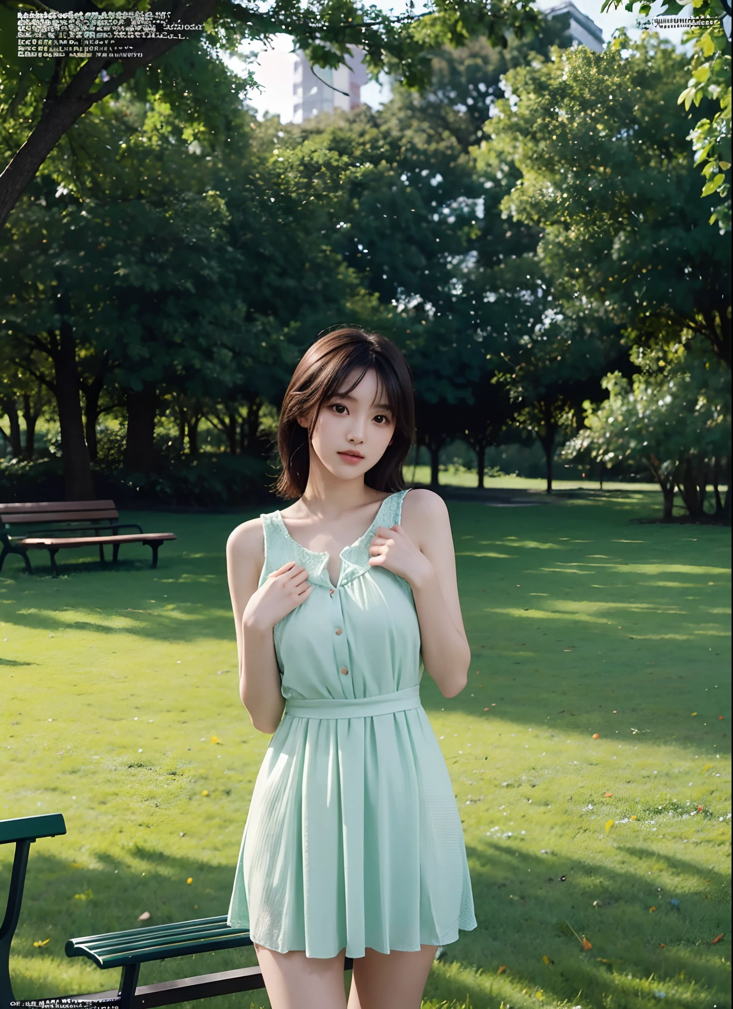 there is a woman standing next to a green bench in a park, magazine scan, magazine photo, magazine, young skinny gravure idol, young gravure idol, young pretty gravure idol, hq scan, magazine photo from 2023, chiho, mega scans, realistic young gravure idol, photo of slim girl model, uhq scan