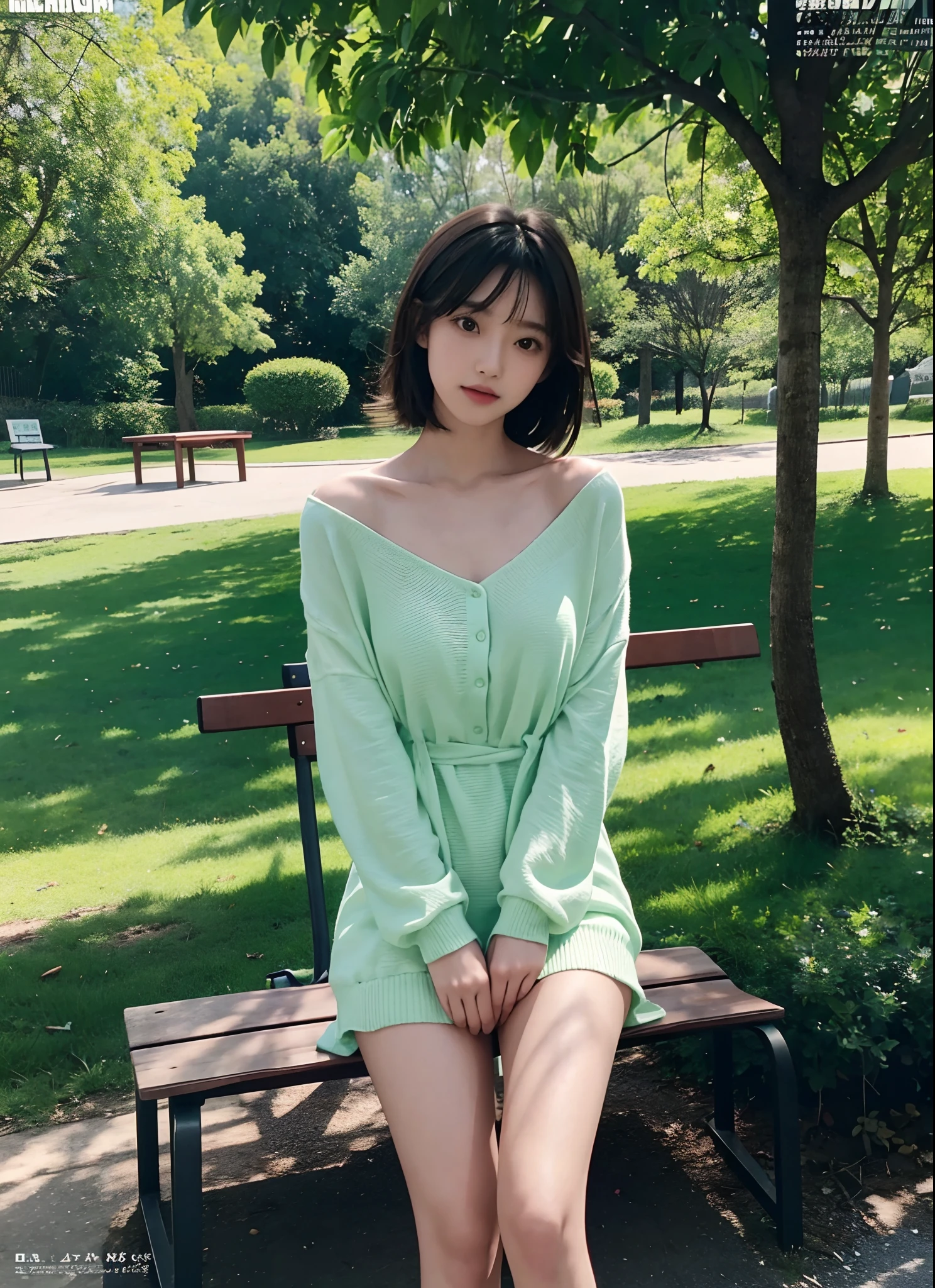 there is a woman standing next to a green bench in a park, magazine scan, magazine photo, magazine, young skinny gravure idol, young gravure idol, young pretty gravure idol, hq scan, magazine photo from 2023, chiho, mega scans, realistic young gravure idol, photo of slim girl model, uhq scan