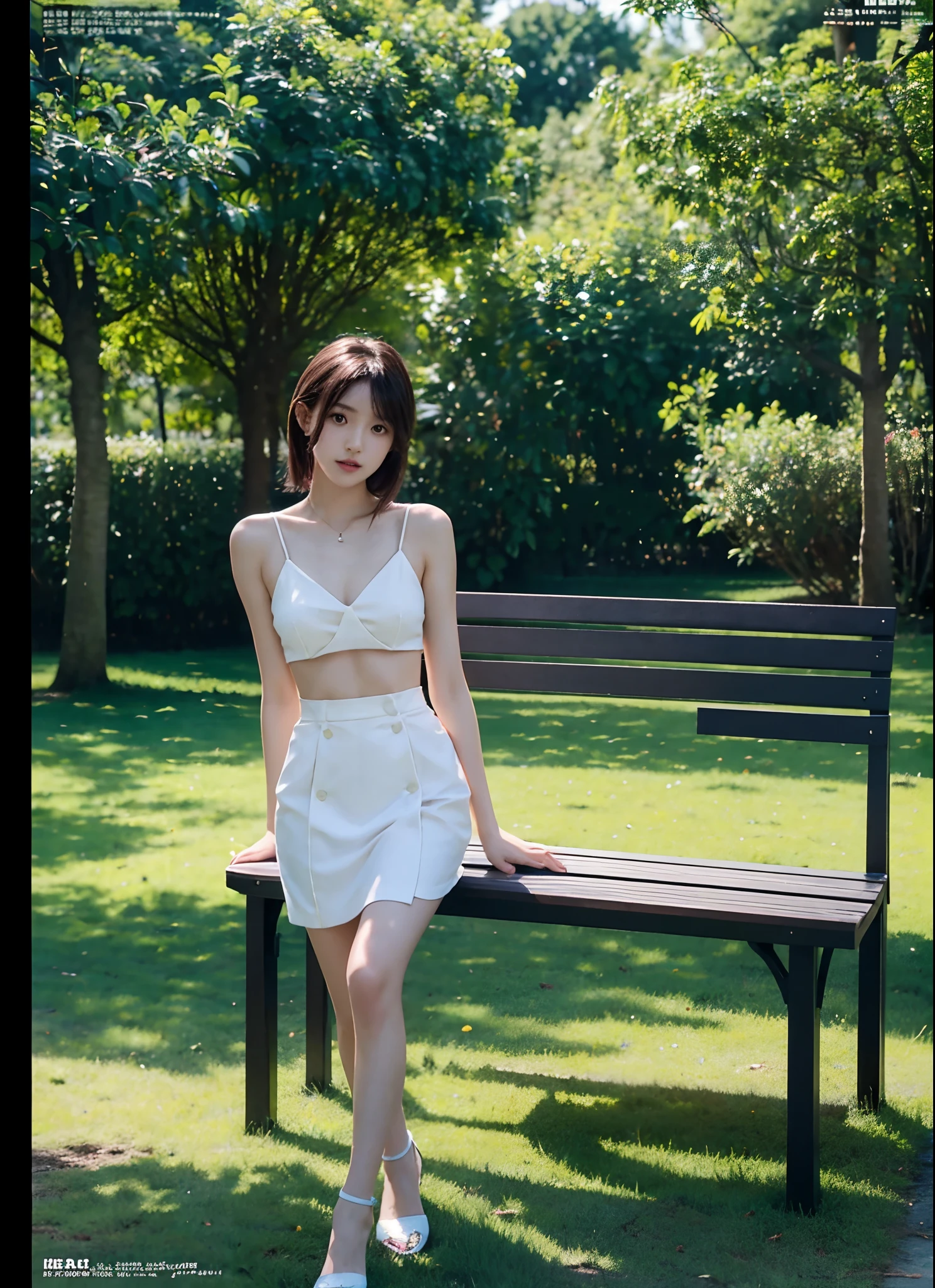 there is a woman standing next to a green bench in a park, magazine scan, magazine photo, magazine, young skinny gravure idol, young gravure idol, young pretty gravure idol, hq scan, magazine photo from 2023, chiho, mega scans, realistic young gravure idol, photo of slim girl model, uhq scan