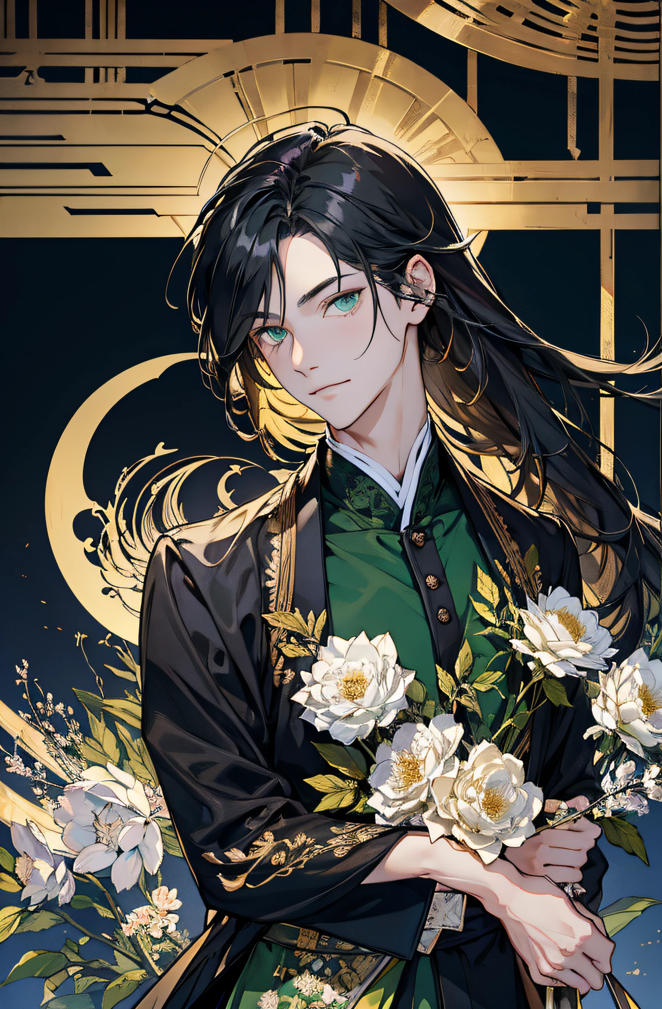 Meisterwerk, hyper HD,sehr detailliert, ((Ein Mann)),Perfektes Gesicht, grinsend,Japanisch Antiker Kleidungsstil,langes schwarzes Haar,green eyes,langes, flowy hair,Goldene Haarnadel,stattlich,gentle,hoch, green and white dyed clothes,outside,Bambus-Hain,Blick auf den Betrachter